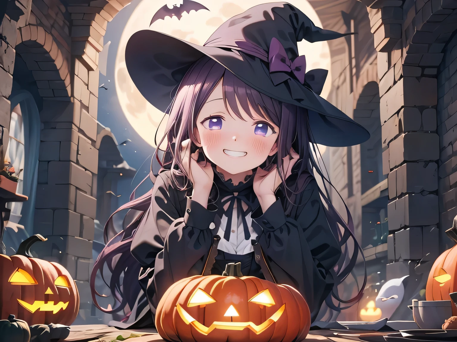 masterpieces, sharp focus, top quality, perfect body, perfect anatomy, perfect lighting, wide shot, 1girl, kubo nagisa, solo, purple hair, long hair, purple eyes, (bangs), (((blush))), laughing, , upper-body, grin.
A beautiful black gothic ta dress. A witch's hat. High heels. A spotlight on her face. Night. Dim. Pumpkin ghost, ghost, bat, owl, moon. in a cave. she is making pumpkin stew. the pot for stew is cut huge pumpkin. she has a large ladle.