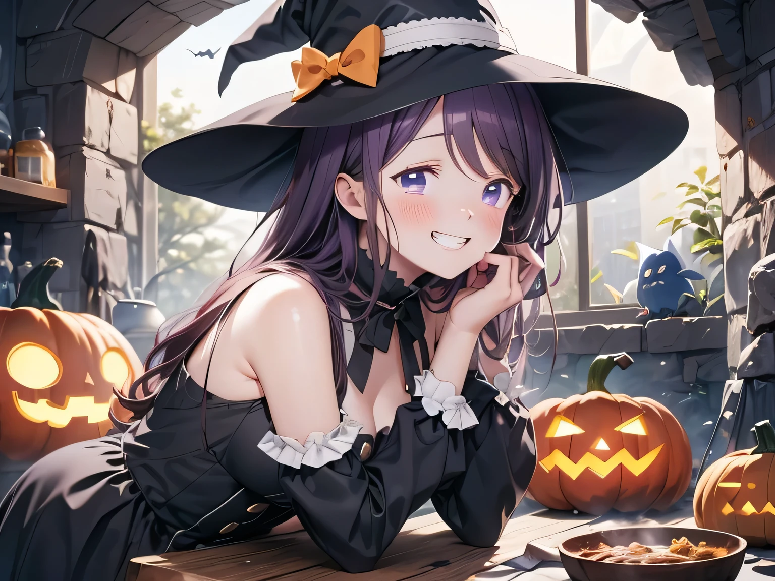 masterpieces, sharp focus, top quality, perfect body, perfect anatomy, perfect lighting, wide shot, 1girl, kubo nagisa, solo, purple hair, long hair, purple eyes, (bangs), (((blush))), laughing, , upper-body, grin. 
A beautiful black gothic ****ta dress. A witch's hat. High heels. A spotlight on her face. Night. Dim. Pumpkin ghost, ghost, bat, owl, moon. in a cave. she is making pumpkin stew. the pot for stew is cut huge pumpkin. she has a large ladle. 