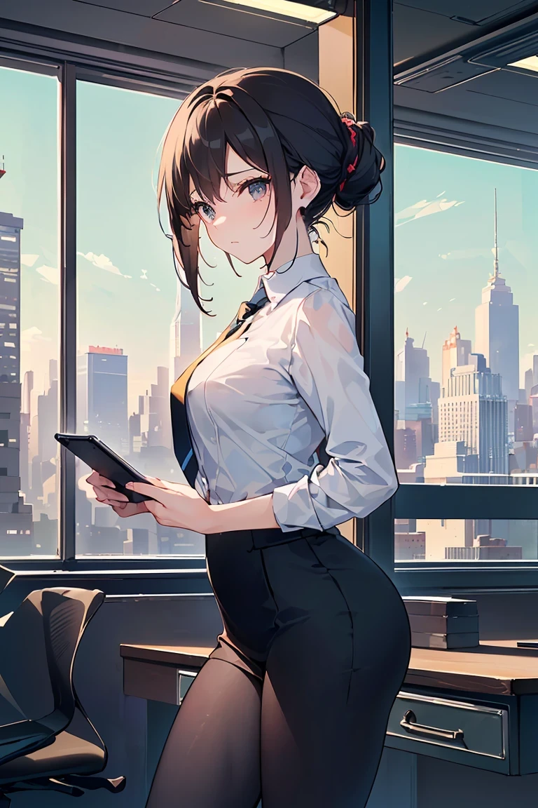 (((Best quality, 8k, Masterpiece: 1.3)), ((best quality)), ((masterpiece)), (detailed), perfect face, A young woman in her twenties with short, sleek black hair stands confidently in a bustling Wall Street office. She is dressed in a sharp, tailored Brioni suit—a sophisticated color—and a neatly knotted tie. Her expression is focused and professional, reflecting her role as a securities analyst. Behind her, tall windows reveal the iconic skyline of New York City, with busy financial activity all around. Her posture is assertive, and her hands hold a tablet, symbolizing her analytical work. The scene is modern, high-paced, and captures the intensity of the financial world.