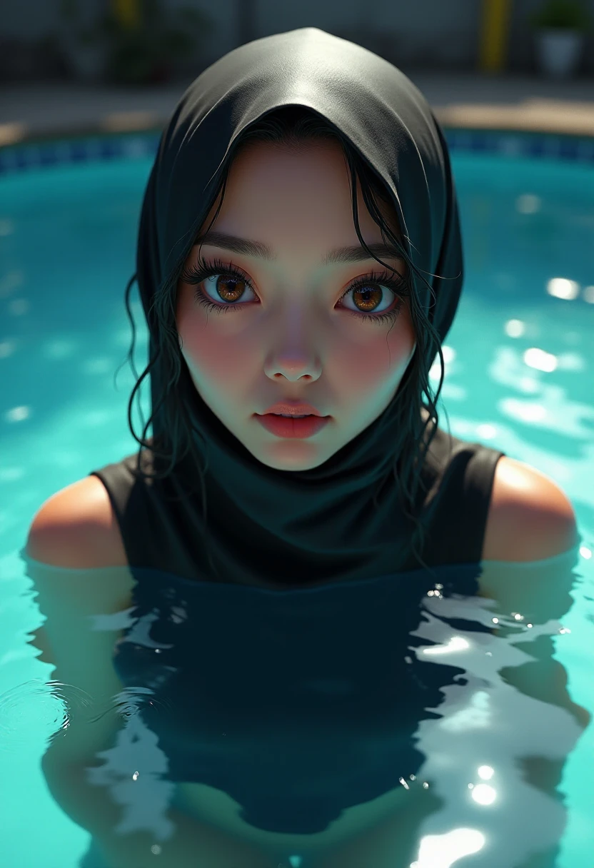  (Raw photo:1.2), (Photorealsitic), a beautiful detailed hijab girl, extremely detailed eye and face, beatiful detailed eyes, huge filesize, hight resolution, highly detailed, top-quality, [​masterpiece:1.6], illustratio, highly detailed, finely detail, top-quality, 8k wallpaper, Cinematographic lighting, 1girl in, , perfect body type, medium breasts with tension、Cute drooping eyes、Beautiful big eyes、Sweaty and wet、【sexual excitement:1.8】、(the whole body is wet:1.2)、Light in the eyes、long sleeves tight full body shirt and legging 、(in the swimming pools)、((dynamic poses)),a 18 year old girl, ((wet body and shirt)), slightly chubby, hourglass body