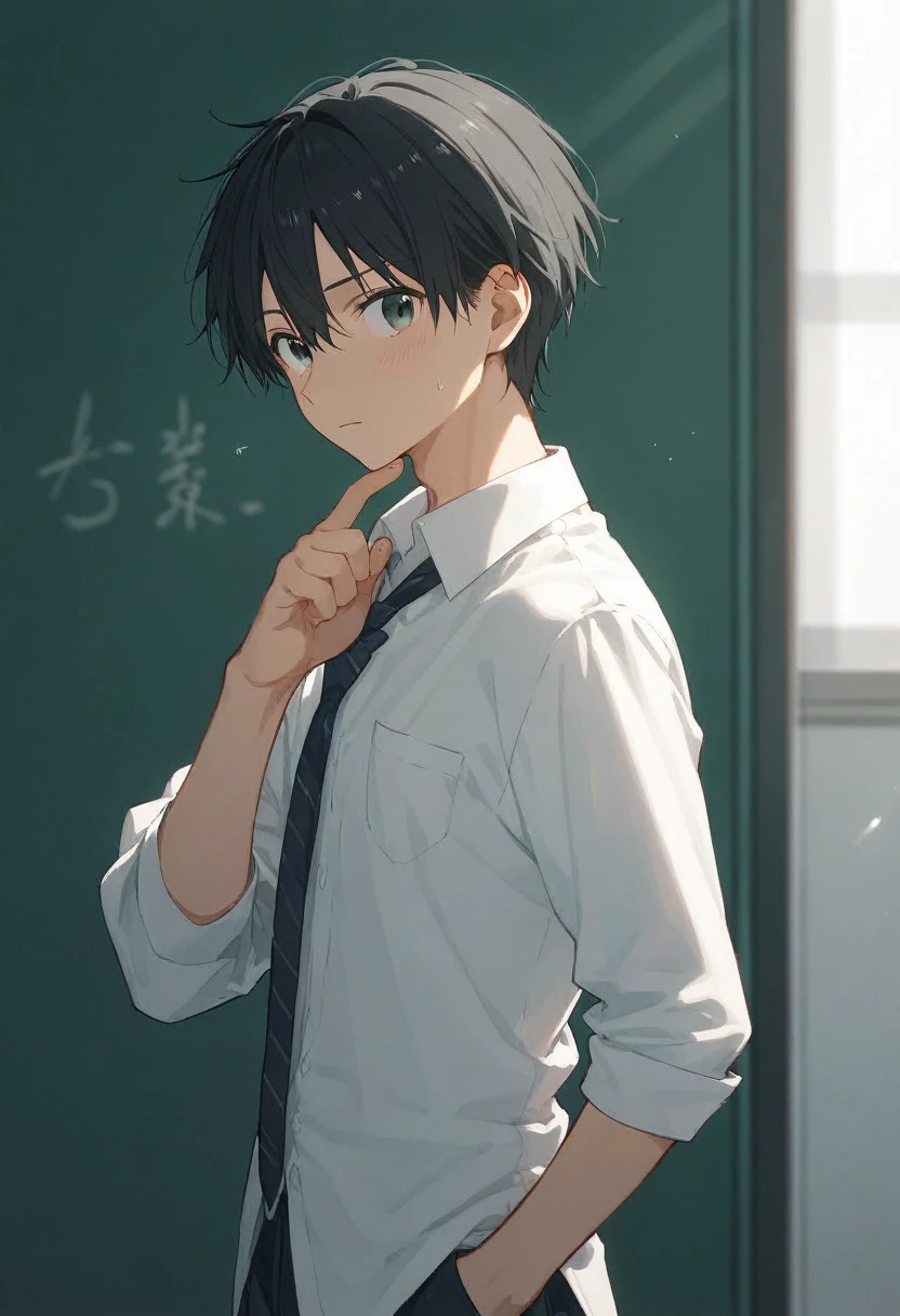  male、二人のmale、 Tall teacher and high school student  、Student Uniform、slacks、 white shirt 、 standing wearing loose ties、whole body、 Black Hair 、Summer sunlight、二人のmaleがキスをする、  long bangs 、 Black Hair 