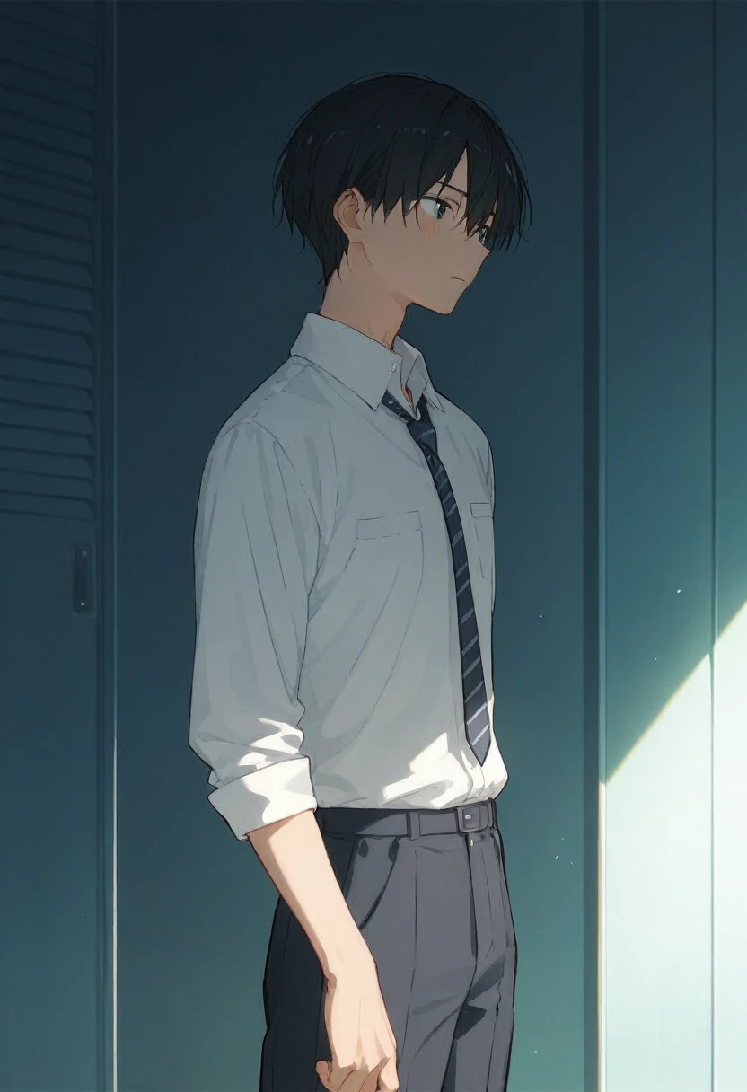  male、二人のmale、 Tall teacher and high school student  、Student Uniform、slacks、 white shirt 、 standing wearing loose ties、whole body、 Black Hair 、Summer sunlight、二人のmaleがキスをする、  long bangs 、 Black Hair 