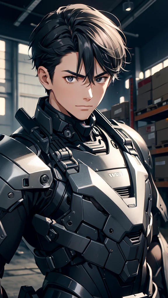 silence，Looking at the items in the warehouse，Warehouse full of supplies，It's dark all around，End of the World，an adult male，youth，Black short hair，look around，Wearing a sophisticated dark gray mecha armor suit，The armor suit has huge and thick limbs，Only the male youth’s hair and face are exposed，Upper body close-up