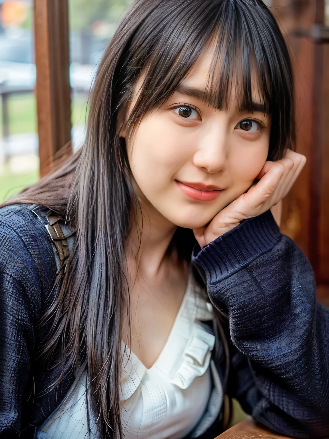 (Detailed skin:1.2),( shiny skin:1.1), 8k, Best Quality, masterpiece, Ultra High Resolution, ( photorealistic :1.4), RAW Photos, ( soft saturation:1.3), Beautiful Korean Idols, Navy blue uniform, black nightcap , traditional navy blue blazer uniform , formal look with a white shirt and plaid skirt , black high socks , Detailed face, Perfect Female Body , medium hair , Asymmetrical bangs , Light brown hair, とてもDetailed face, very detailed, fine lips , Detailed eyes, Double eyelid bottom, smile, beautiful face and slender and stylish figure , Natural Light, Relax Pose , Looking into the distance , calm atmosphere , Shallow Depth of Field , Clear focus on the subject , Balanced Exposure , ( portrait), BEAUTIFUL GIRLS,