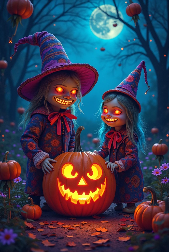 photoillustrasion of a jack O'lantern and Mr. Scarecrow in the darkmoon, psychedelic neon color, highly detailed