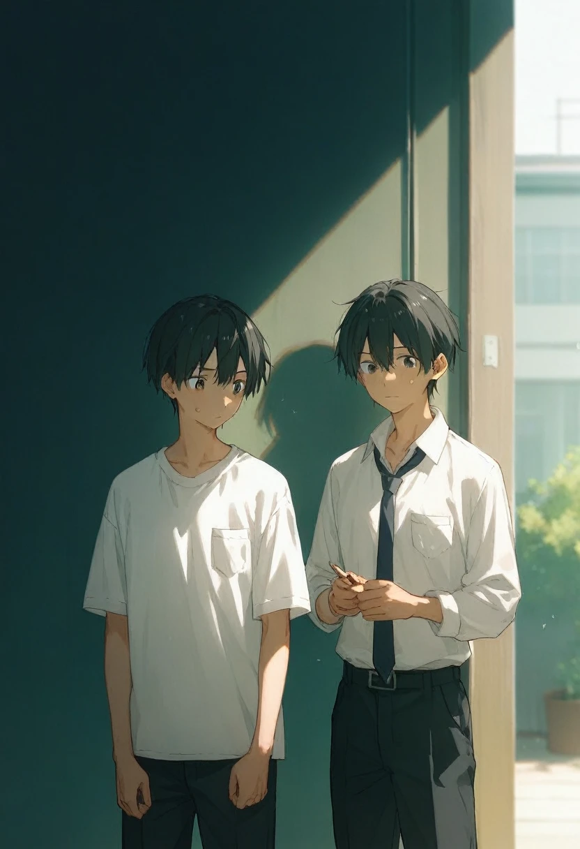  Two Men、 Tall teacher and high school student  、Student Uniform、slacks、 white shirt 、 standing wearing loose ties、whole body、 Black Hair 、Summer sunlight、Two Menがキスをする、  long bangs 、 Black Hair 