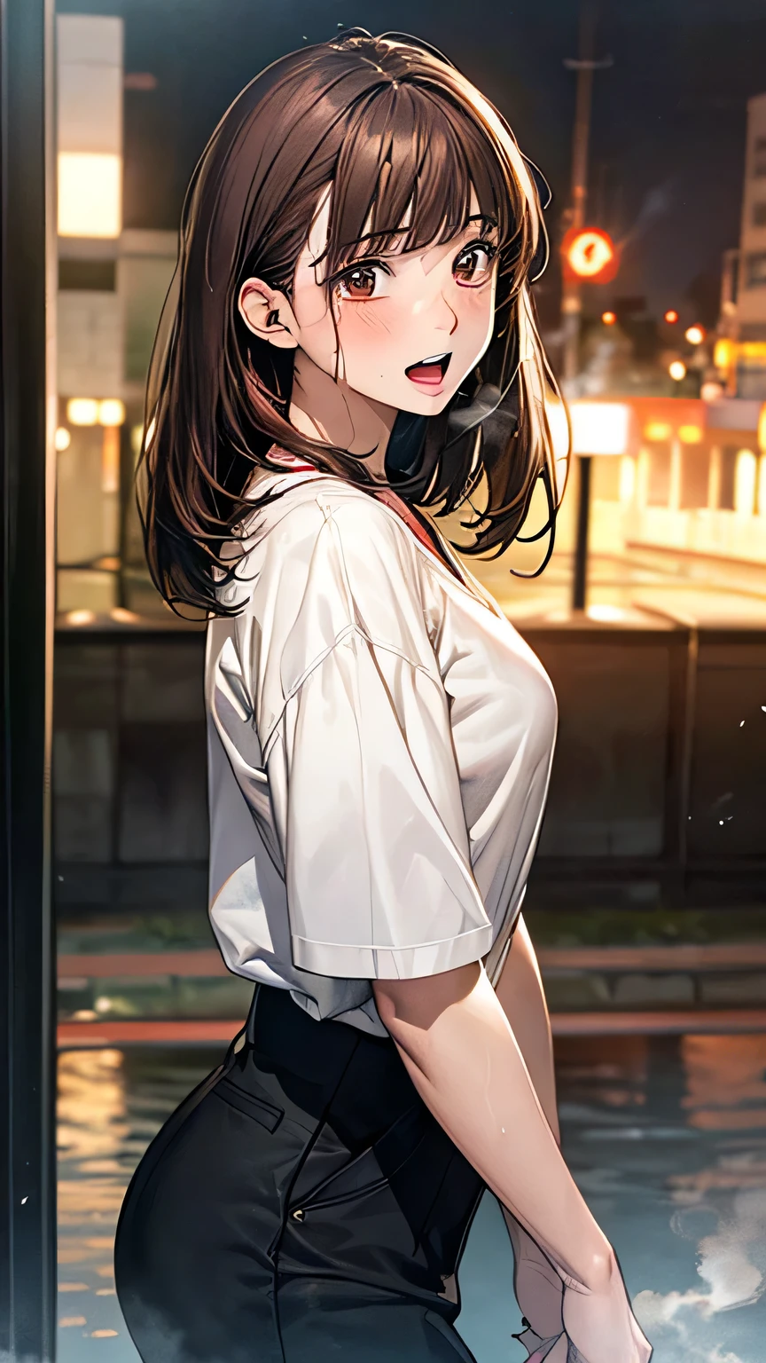 (brown eyes:1.5),jet Black hair, short shoulder length hair, pure black eyes, frameless glasses (one side up:1.2),
BREAK bare shoulders, collarbone, pink shirt, puffy short sleeves, puffy sleeves, red bow, shirt, short sleeves, skirt, white skirt, masterpiece:1.2)、top-quality、hight resolution、unity 8k wall paper、(illustratio:0.8)、(beatiful detailed eyes:1.6)、extra detailed face、Perfect litthing、Highly detailed CG、 (perfect hand、perfect anatomia)、Look at viewers、red blush、A smile、Stand on the escalator, (By up escalator), (lower body shot), Thigh Focus, (Taken from the bottom 1.3), (View from behind1.3)、 (Panties with a variety of floral patterns:1.3)、(Skirt that rolls up:1.3)、(Fully exposed panties:1.5),(Show your ass:1.3)