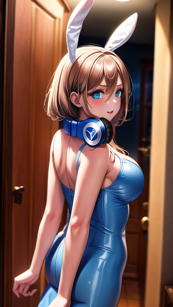 High quality image,  Pretty blue-eyed girl with headphones ,  posing on her back pointing her ass as she looks back with an expression of pleasure sticking out her tongue, with a bunny costume, with a totally dark background  