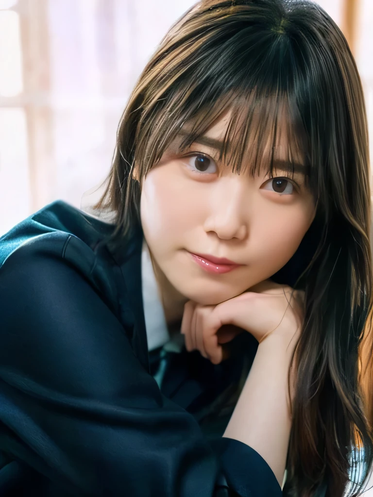 (Detailed skin:1.2),( shiny skin:1.1), 8k, best quality , masterpiece, Ultra High Resolution, ( photorealistic :1.4), RAW photo, ( soft saturation:1.3), Beautiful Korean Idols, navy blue uniform, black nightcap , traditional navy blue blazer uniform , formal look with a white shirt and plaid skirt , black high socks , Detailed face, Perfect Female Body , medium hair , Asymmetrical bangs , Light brown hair, とてもDetailed face, very detailed , Beautiful Lips , Detailed eyes, Under the double eyelid, smile, Beautiful face and slender and stylish figure , Natural Light, Relax Pose , Looking into the distance , calm atmosphere , Shallow Depth of Field , Clear focus on the subject , balanced photo , ( portrait), BEAUTIFUL GIRLS,