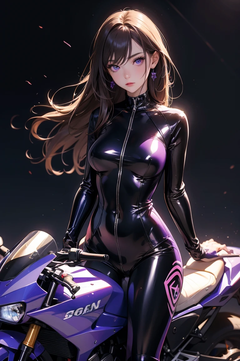 masterpiece, Best Quality, High resolution, 1 girl, Super High resolution, Purple eyes, Bondage, Latex suit,motorcycle,Riders