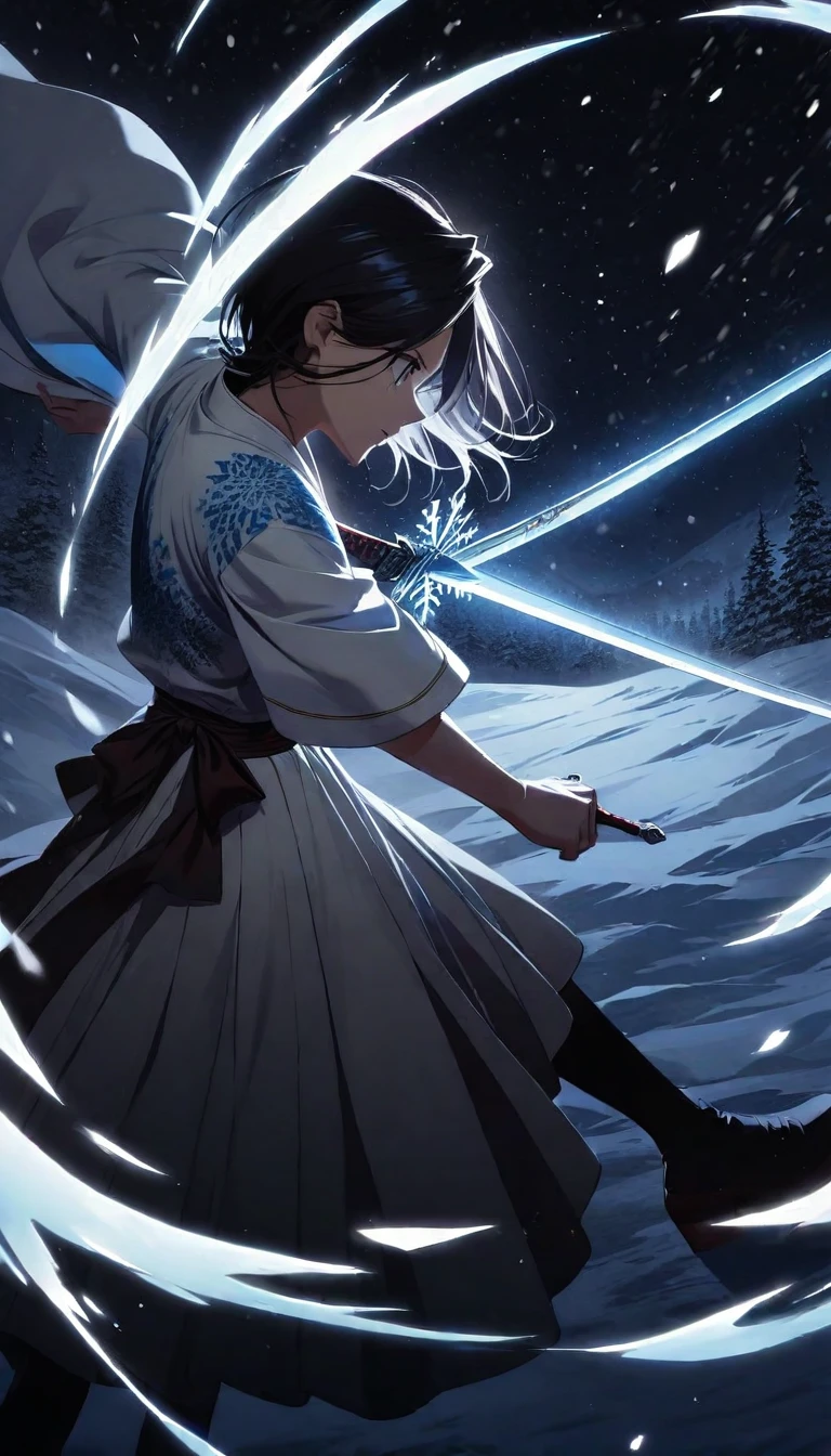 Illustrate Rukia Kuchiki in a snowy landscape, wearing a traditional white kimono. She is gracefully performing an ice-based attack, with snowflakes swirling around her and her sword radiating a frosty blue light.