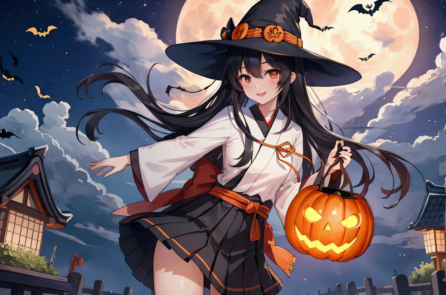 Japanese high school girl。Flying through the air on a broom。A radiant smile。 flat chest。 bangs。 the length of the hair is long to the waist 。The hair color is jet black 。 thin, slender eyes 、Jet Black Eyes。Halloween witch costume and hat。Short skirt。The background is a graveyard in the night sky with a full moon 。 and a pumpkin lantern is placed on the tombstone。