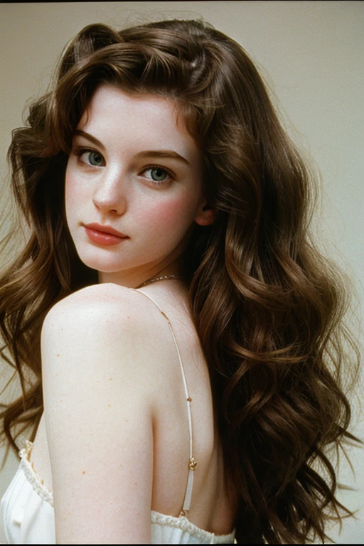 very beautiful girl, blowout wavy Hair, 1994 style, pale porcelain skin, grainy film, old money modest style, medium shot