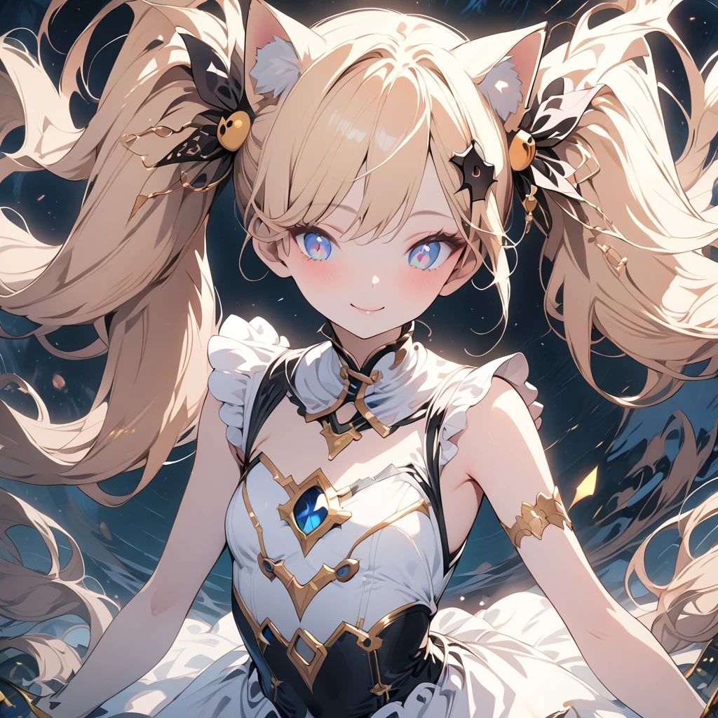 Absurd,anime,Detailed and beautiful eyes,(art),(artistic clothing:1.5),Cat costume,ハートサイン,sleeveless,Blonde, twin tails,smile,(a girl:1.5),from the waist up,(small breasts:1.2),(small chest:1.2),mysterious,Hello,(Large detailed hair ornament:1.2),(look away:1.5),detailed clothes,Flashy Moves,Mechanical,masterpiece, moe kawaii,abyss,luster,lame,(ultra detailed:1.2), ((highest quality)) ,Extremely Delicately Beautiful ,64k