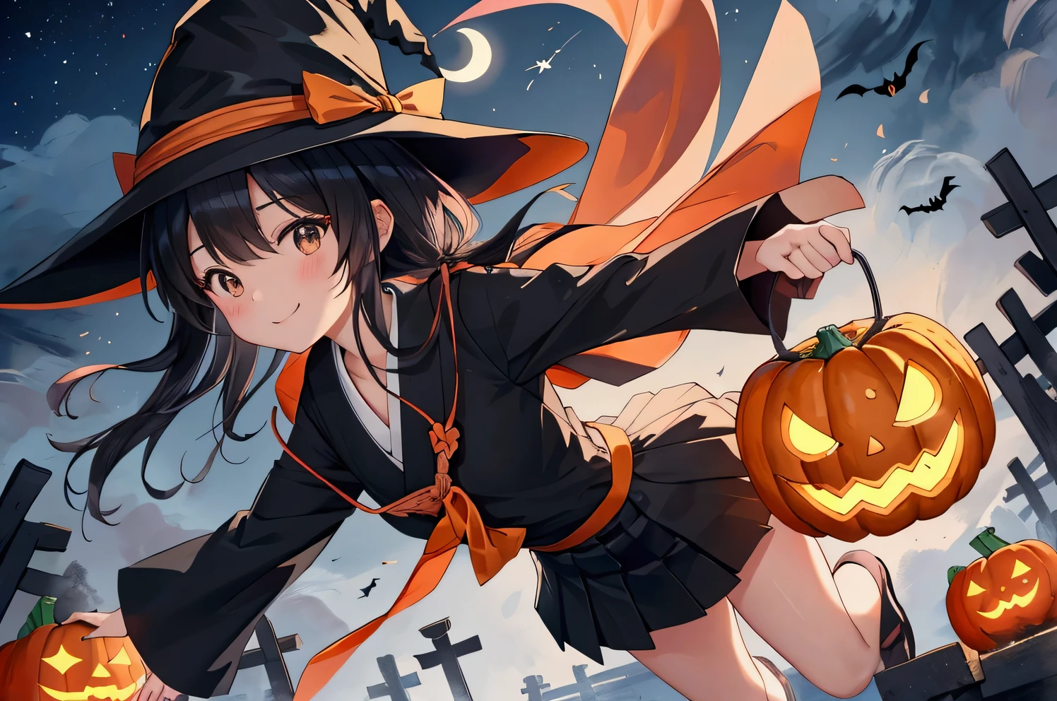Japanese female kindergarten student 。 flying through the sky over a broom 。A radiant smile。 flat chest。 bangs。 the length of the hair is long to the waist 。The hair color is jet black 。 thin, slender eyes 、Jet Black Eyes。Halloween witch costume and hat。Short skirt。 The background is a Japanese graveyard in the night sky with a full moon。 there is a pumpkin lantern on the tombstone。