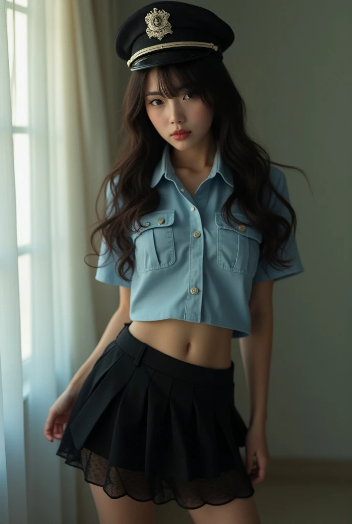 28 years old, gorgeous cute American girl, smile showing teeth, freckles, (dark skin:1.5), (medium blue long bangs hair:1.4), (Gigi Hadid:1.1), araffe woman in a white shirt and a black and white checkered skirt, shiori teshirogi, kimi takemura, chiho, chiho ashima, japanese model, style of yoshii chie, narumi kakinouchi, aoi ogata, yasumoto oka, kiko mizuhara, deayami kojima, sexy look, famous beautiful model, good young girl, (masterpiece:1.0), (best_quality:1.0), ultra high res,4K,ultra-detailed, photography, 8K, HDR, highres, absurdres:1.2, Kodak portra 400, blurry background, bokeh, lens flare, (vibrant_color:1.2),professional photograph, (beautiful_face:1.5),(narrow_waist). --v 6