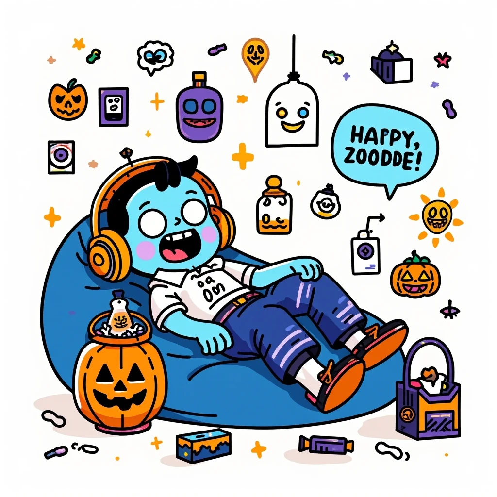  art illustration，Flat style，Hand-drawn style，Bold thick lines， solid block of dopamine ， Q cute little zombie wearing headphones ， lying on a bean bag ， The room is full of cute Halloween items，Avatar art，Graffiti Art，Mixed pattern ， text and emojis ，Vector Design， simple graphic illustration ，Minimalism， white background，White Space