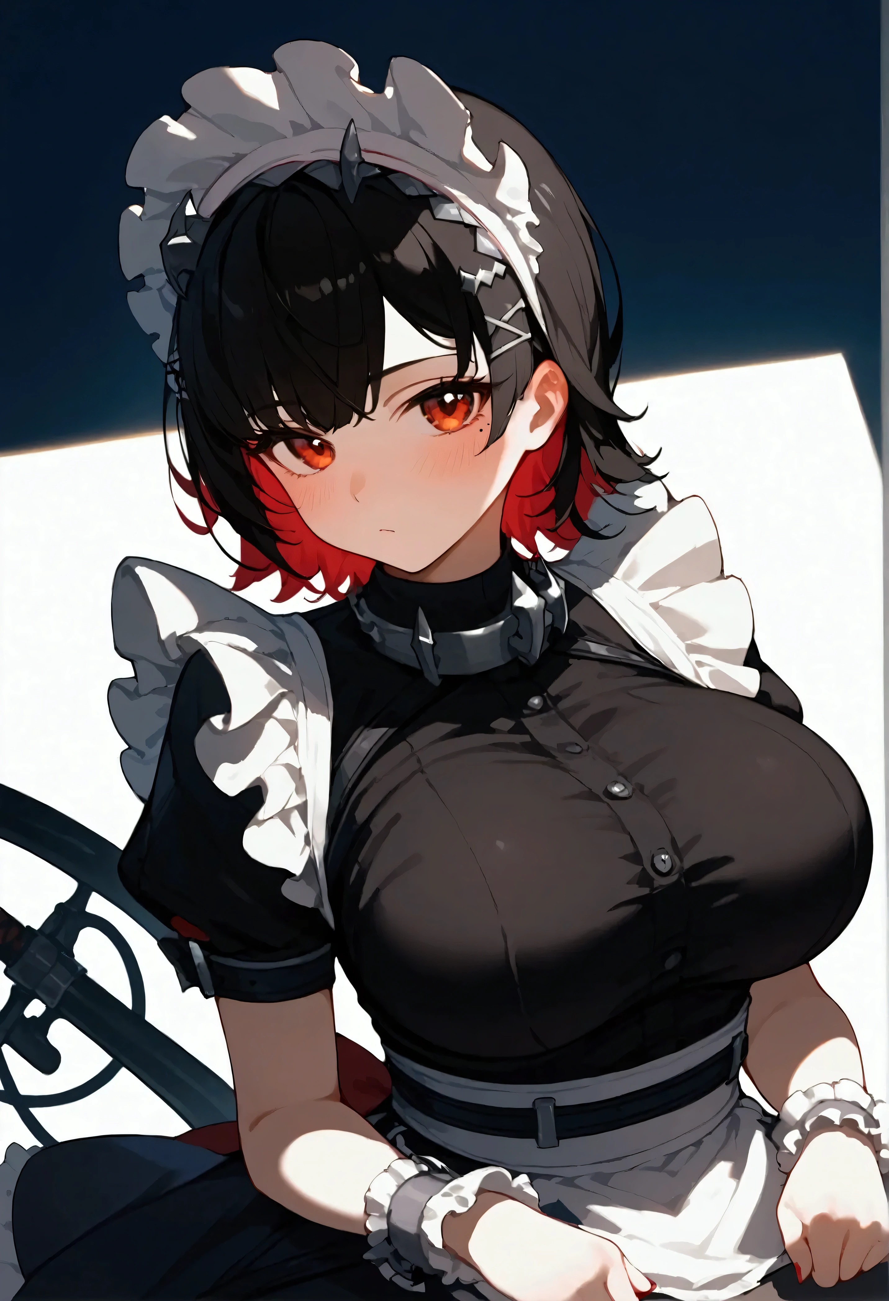 score_9, score_8_up, score_7_up, score_9, BREAK, 1girl,big breasts, solo, looking at viewer, blush, 1girl,ellen_joe,maid_headdress,black_dress,wrist_cuffs,puffy_short_sleeves,mole_under_eye,large_breasts,frilled_dress,black_pantyhose,medium_breasts, breast focus