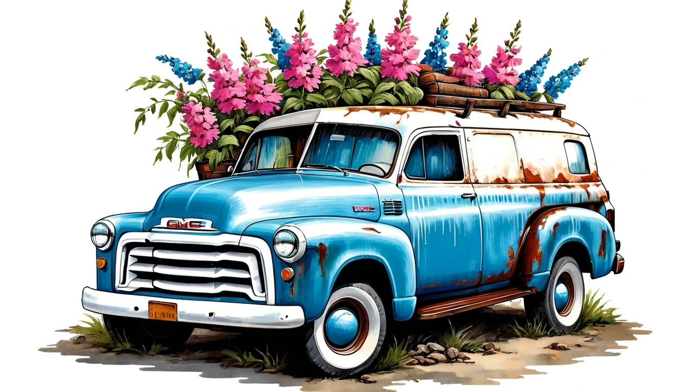 Rembrandt-style oil painting, capturing an old abandoned BLUE 1952 GMC Suburban caryAll adorned with pink flowers amid rusty jars and pots, against a peeling vintage white wall accompanied by a wall with saturated primary colors, brushwork thick and palpable, complemented by a 2D cute, dreamy fantasy vector illustration with sticker-like, sleek line art by Tim Burton, centered and modern minimalist yet highly detailed with a rich color palette in