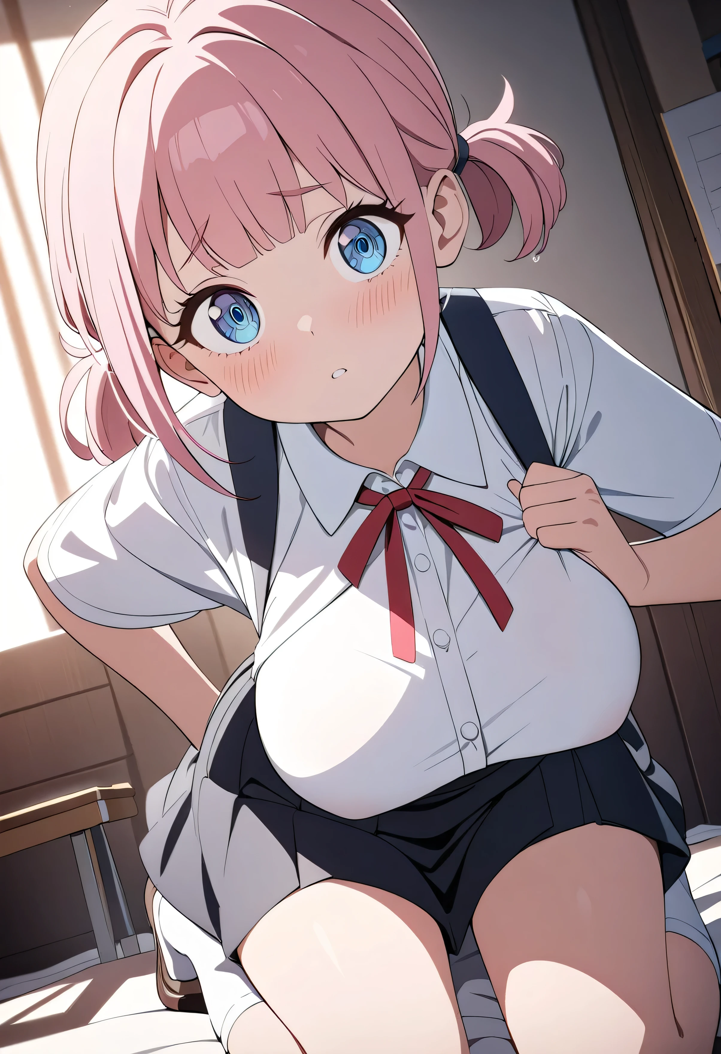 8k, best quality, masterpiece, clear, professional lighting, beautiful face, best quality, ultra high res, super detail, accurate, high details, highres,Anime Style, 1 , , short stature , Petite body, white blouse, suspender skirt, Chest ribbon, Baby Face, moist eyes, bl Eyes, Light blue eyes, Bangs, short pigtails in a low position, Pink Hair, very big breasts, Big Breasts, Busty, cowboy shot