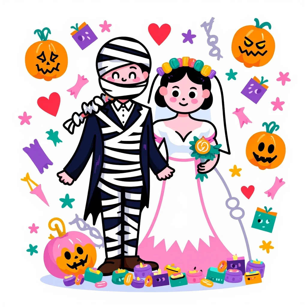  art illustration，Flat style，Hand-drawn style，Bold thick lines， solid block of dopamine ， Q cute cute ghost bride， mummy groom ，thorns，candy，Stylish wedding ，Smoky，Avatar art，Graffiti Art，Mixed pattern ， text and emojis ，Vector Design， simple graphic illustration ，Minimalism， white background，White Space