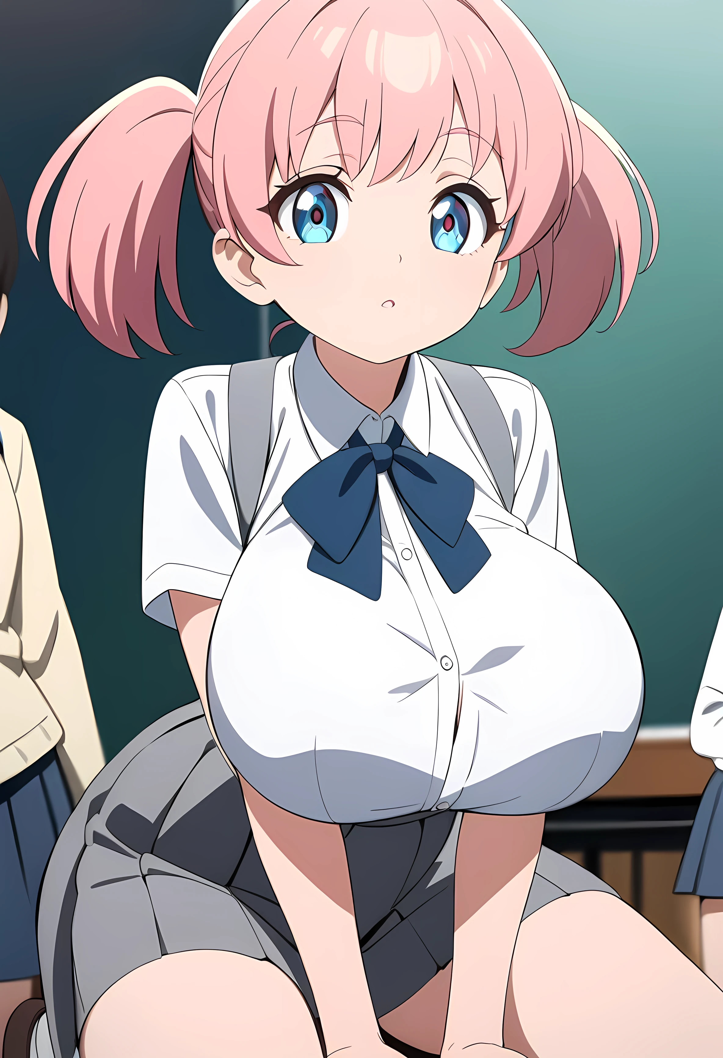 8k, best quality, masterpiece, clear, professional lighting, beautiful face, best quality, ultra high res, super detail, accurate, high details, highres,(Anime Style,  1 ,  elementary school students,   short stature , Petite body:1.5),  white blouse, grey suspender skirt,Baby Face,Young face,Big Eyes,Light blue eyes, moist eyes, Chest ribbon, Bangs,  short pigtails in a low position, Pink Hair, ( very big breasts, Big Breasts, Busty:1.3),  cowboy shot, 