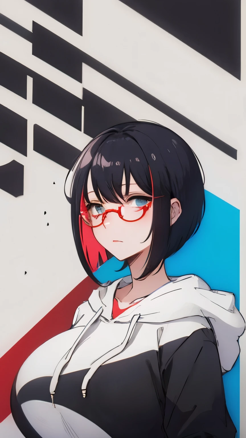 (Hair color: red and blue two-tone color)short hair glasses hoodie big breasts