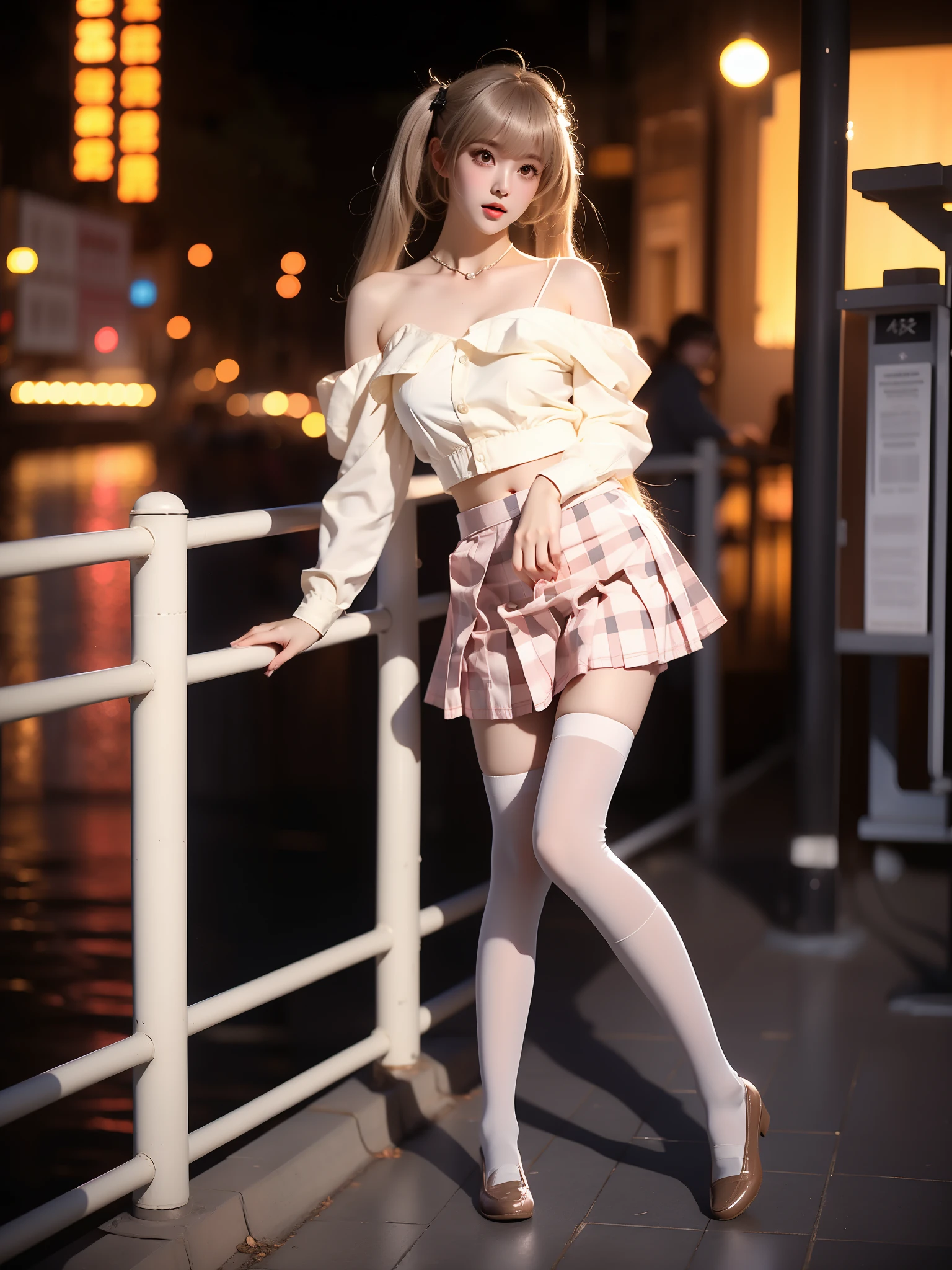 kasugano sora, 1girl, solo, cosplay,
hair ribbon, school uniform,serafuku,sailor collar, long sleeves,plaid skirt, pleated skirt, pantyhose,pink plaid,loafers,
grey hair, twintails, long hair,bangs, ahoge, ,((full body)), ((single bare shoulder)), (Asian beauty: 1.3), girl, solo, (Lacy over-the-knee socks), ((Pleated skirts, short skirts, , very short hemline)), (toned body: 1.2), (naturally large breasts: 1.1), (visible cleavage: 0.8), (smooth flawless skin: 1.2), (perfect anatomical proportions: 1.3), (anatomically correct legs: 1.3), (elegantly long legs: 1.3), 1.1) Hands gently lift the skirt, (detailed features: 1.2), (big bright eyes: 1.1), (long eyelashes: 1.1), charming smile, gentle and confident expression, Head slightly tilted, long flowing hair, (night scene: 1.1), (starry sky: 1.0), (space background: 0.9), (professional soft light: 1.2), (warm tone: 1.1), (Masterpiece: 1.4), (Super Detail: 1.3), (Sharp focus: 1.2), (Realistic: 1.2), (Hi-Fi: 1.1)