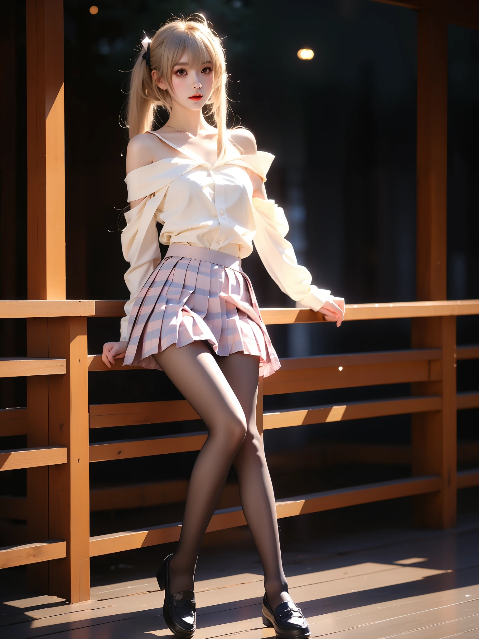 kasugano sora, 1girl, solo, cosplay,
hair ribbon, school uniform,serafuku,sailor collar, long sleeves,plaid skirt, pleated skirt, pantyhose,pink plaid,loafers,
grey hair, twintails, long hair,bangs, ahoge, ,((full body)), ((single bare shoulder)), (Asian beauty: 1.3), girl, solo, (Lacy over-the-knee socks), ((Pleated skirts, short skirts, , very short hemline)), (toned body: 1.2), (naturally large breasts: 1.1), (visible cleavage: 0.8), (smooth flawless skin: 1.2), (perfect anatomical proportions: 1.3), (anatomically correct legs: 1.3), (elegantly long legs: 1.3), 1.1) Hands gently lift the skirt, (detailed features: 1.2), (big bright eyes: 1.1), (long eyelashes: 1.1), charming smile, gentle and confident expression, Head slightly tilted, long flowing hair, (night scene: 1.1), (starry sky: 1.0), (space background: 0.9), (professional soft light: 1.2), (warm tone: 1.1), (Masterpiece: 1.4), (Super Detail: 1.3), (Sharp focus: 1.2), (Realistic: 1.2), (Hi-Fi: 1.1)