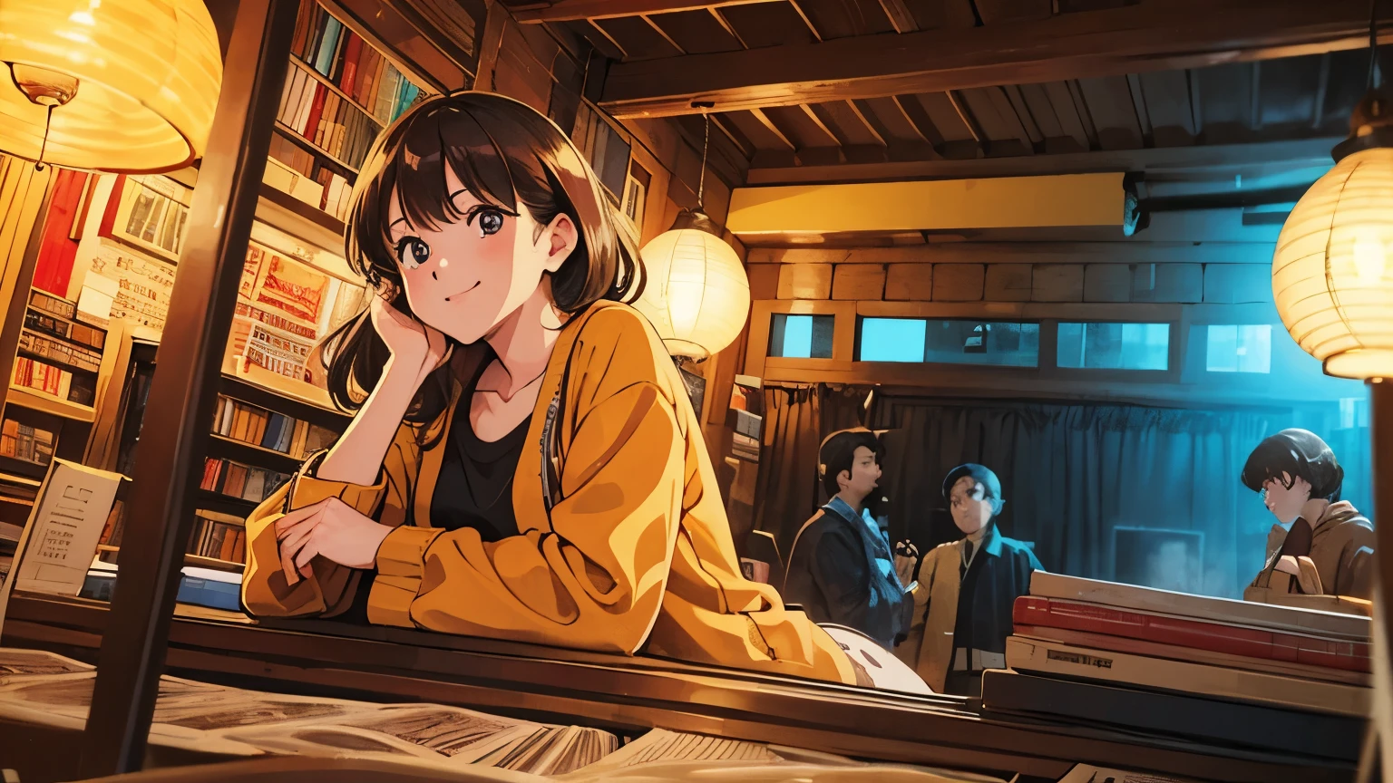  in an old-fashioned record shop where 、Colourful records are lined up 、 characters look for their favorites。 warm lighting enhances the atmosphere 。、 1 girl、 best quality 、Cute eyes