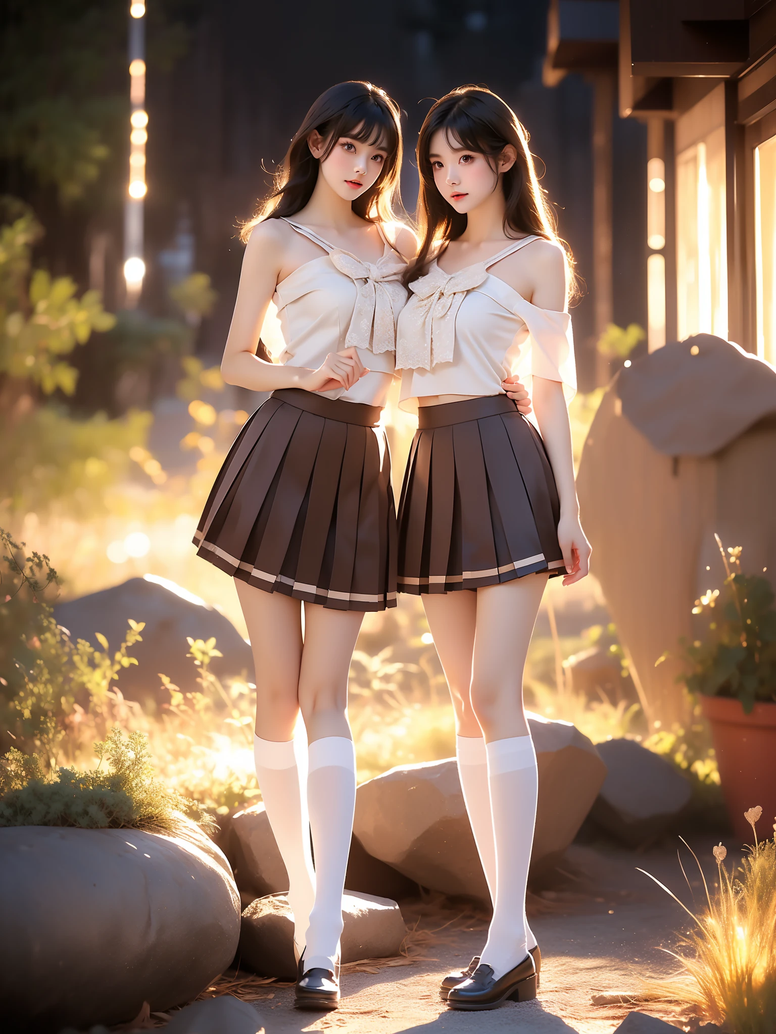 kitauji high school uniform ,((full body)), ((single bare shoulder)), (Asian beauty: 1.3), girl, solo, (Lacy over-the-knee socks), ((Pleated skirts, short skirts, , very short hemline)), (toned body: 1.2), (naturally large breasts: 1.1), (visible cleavage: 0.8), (smooth flawless skin: 1.2), (perfect anatomical proportions: 1.3), (anatomically correct legs: 1.3), (elegantly long legs: 1.3), 1.1) Hands gently lift the skirt, (detailed features: 1.2), (big bright eyes: 1.1), (long eyelashes: 1.1), charming smile, gentle and confident expression, Head slightly tilted, long flowing hair, (night scene: 1.1), (starry sky: 1.0), (space background: 0.9), (professional soft light: 1.2), (warm tone: 1.1), (Masterpiece: 1.4), (Super Detail: 1.3), (Sharp focus: 1.2), (Realistic: 1.2), (Hi-Fi: 1.1)