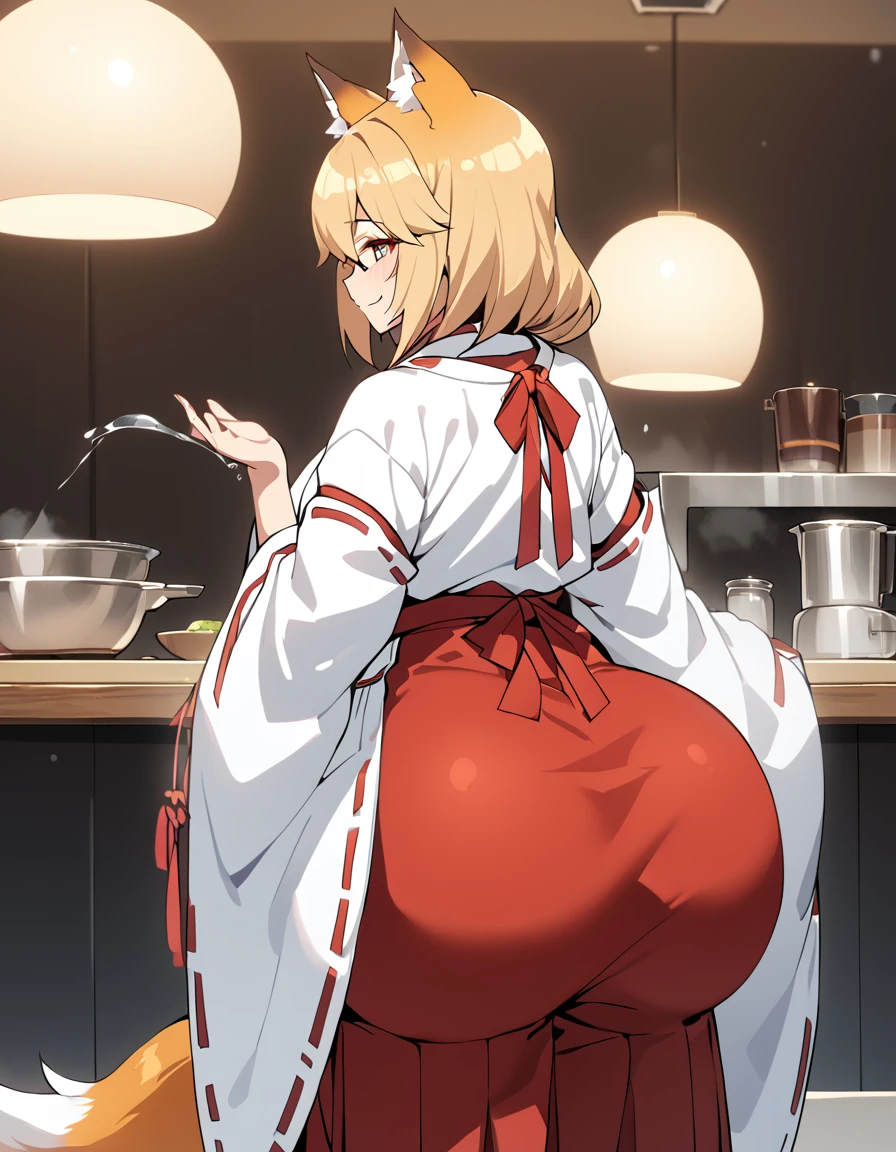 (masterpiece quality, high resolution, (1 girl), cool, , (gigantic ass:1.0),  (Big hips 1.0), ass Focus , smile, long sleeves, tail, japanese clothes, wide sleeves, kimono, apron, ribbon trim, hakama, hakama skirt, ribbon-trimmed sleeves, white kimono, miko, brown apron, (Fox ears), ass Focus 