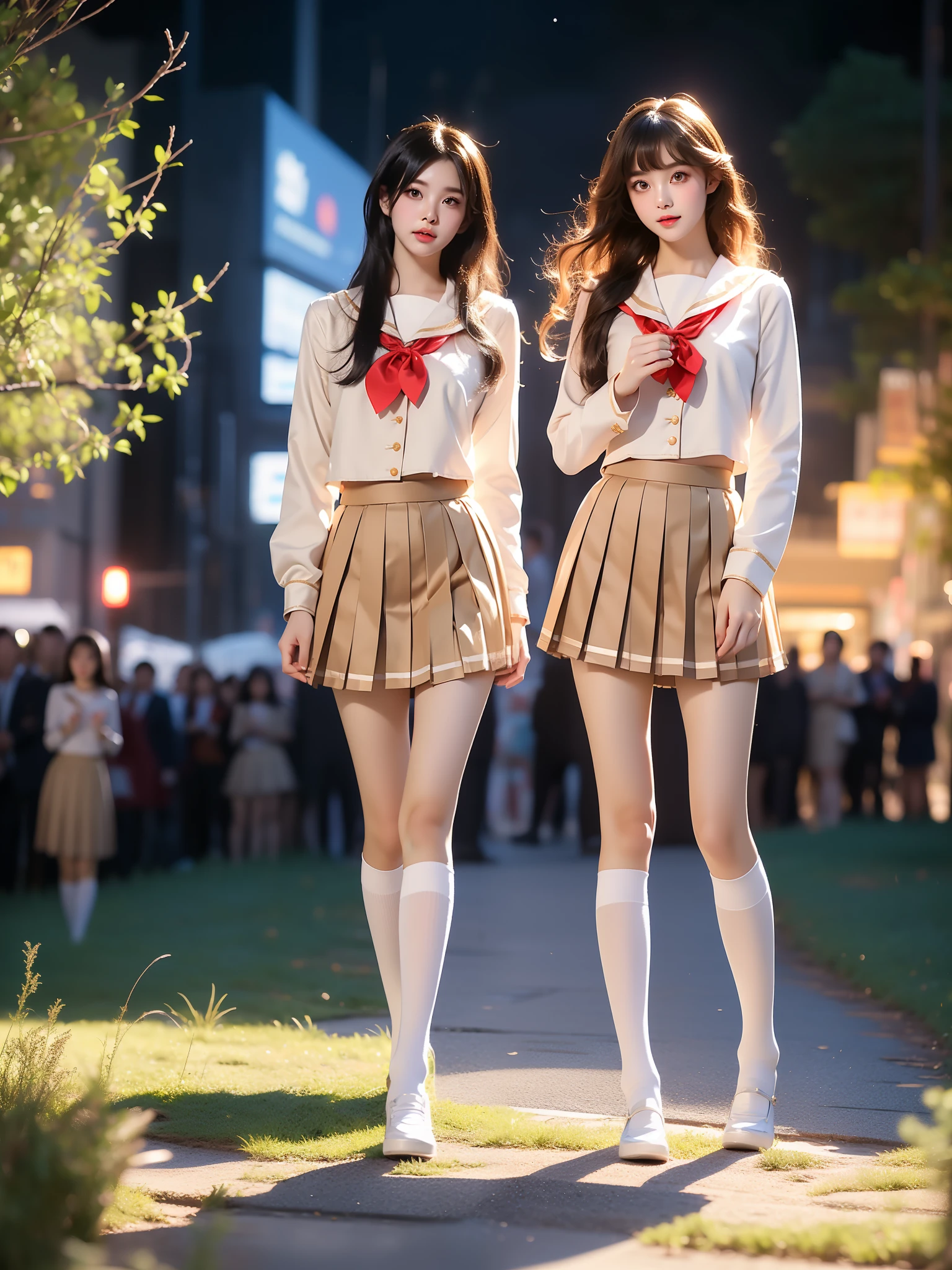 kitauji high school uniform ,((full body)),  (Asian beauty: 1.3), girl, solo, (Lacy over-the-knee socks), ((Pleated skirts, short skirts, , very short hemline)), (toned body: 1.2), (naturally large breasts: 1.1), (visible cleavage: 0.8), (smooth flawless skin: 1.2), (perfect anatomical proportions: 1.3), (anatomically correct legs: 1.3), (elegantly long legs: 1.3), 1.1) Hands gently lift the skirt, (detailed features: 1.2), (big bright eyes: 1.1), (long eyelashes: 1.1), charming smile, gentle and confident expression, Head slightly tilted, long flowing hair, (night scene: 1.1), (starry sky: 1.0), (space background: 0.9), (professional soft light: 1.2), (warm tone: 1.1), (Masterpiece: 1.4), (Super Detail: 1.3), (Sharp focus: 1.2), (Realistic: 1.2), (Hi-Fi: 1.1)