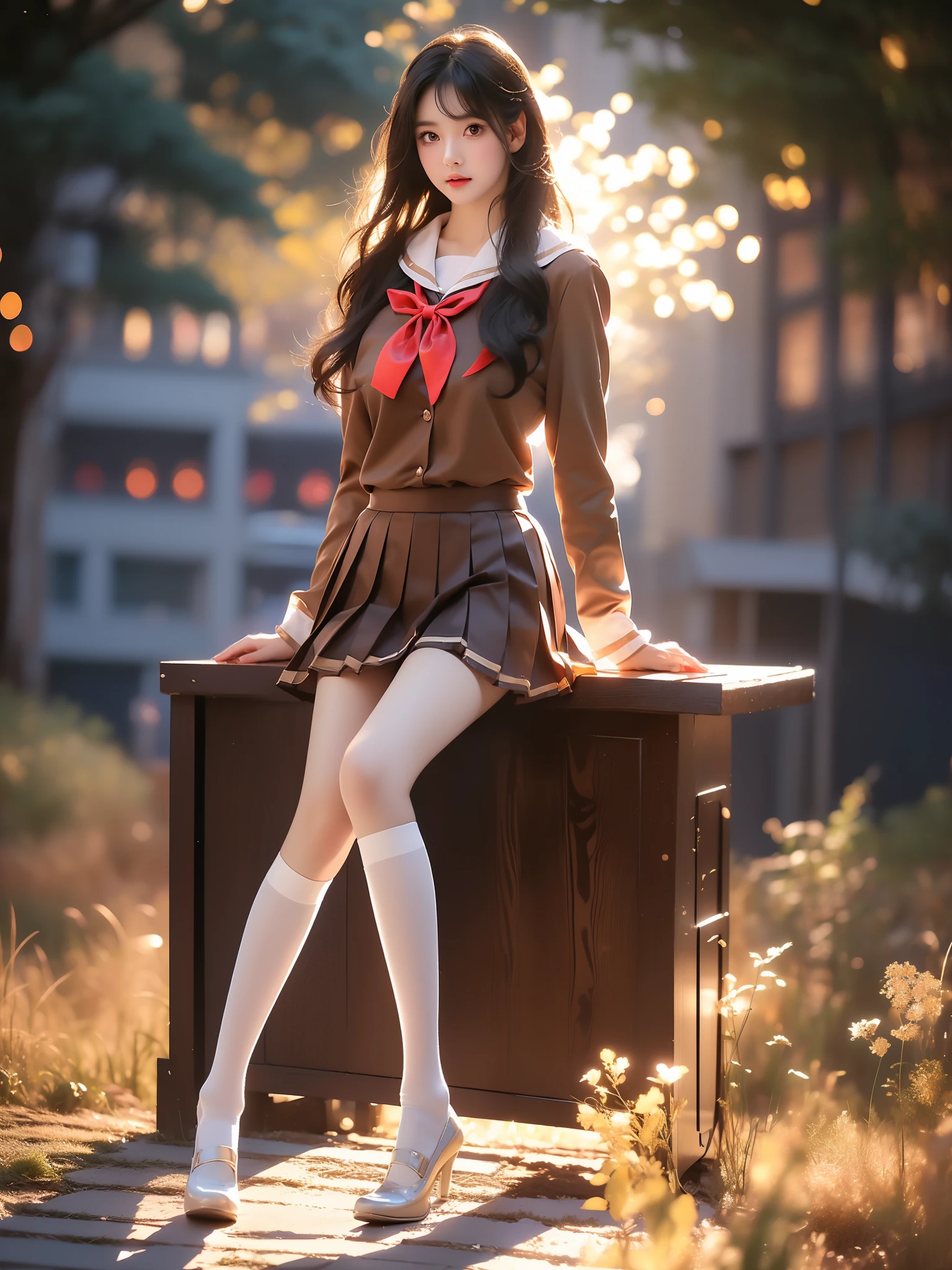 kitauji high school uniform ,((full body)),  (Asian beauty: 1.3), girl, solo, (Lacy over-the-knee socks), ((Pleated skirts, short skirts, , very short hemline)), (toned body: 1.2), (naturally large breasts: 1.1), (visible cleavage: 0.8), (smooth flawless skin: 1.2), (perfect anatomical proportions: 1.3), (anatomically correct legs: 1.3), (elegantly long legs: 1.3), 1.1) Hands gently lift the skirt, (detailed features: 1.2), (big bright eyes: 1.1), (long eyelashes: 1.1), charming smile, gentle and confident expression, Head slightly tilted, long flowing hair, (night scene: 1.1), (starry sky: 1.0), (space background: 0.9), (professional soft light: 1.2), (warm tone: 1.1), (Masterpiece: 1.4), (Super Detail: 1.3), (Sharp focus: 1.2), (Realistic: 1.2), (Hi-Fi: 1.1)