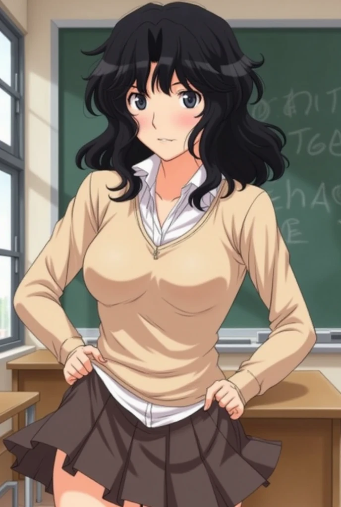 Kaoru Tanamachi(1:2),  super detailed face,  pay attention to the details with the hem of the clothes,  anatomically correct body ( beige knitwear style uniform:1.3), (Dark Brown Skirt:1.1), Provoke by showing your stomach(1:3), Lift the hem of the uniform (1:3), classroom, NSFW