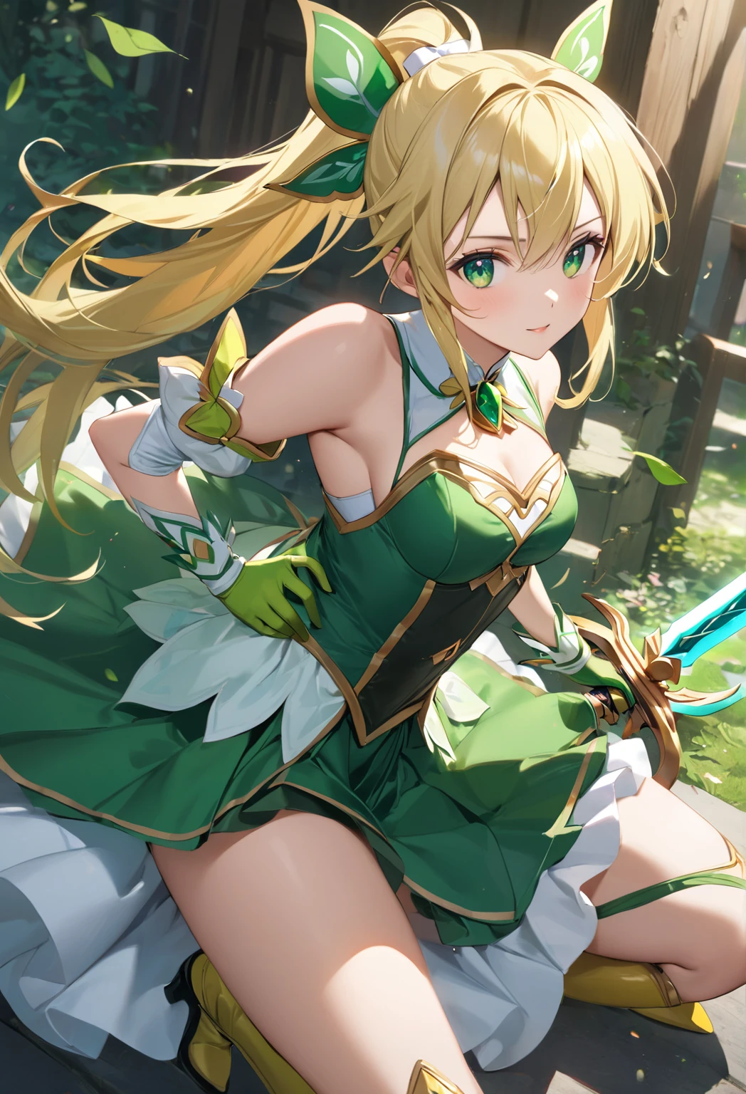 Best Quality、  unity 8k Wallpaper  、32K、masterpiece、 very detailed 、  super high resolution  、 very detailed な顔、RAW photo、professional、Fine painting、Magical Fairy Swordsman Leafa、Blonde long hair、White hair ribbon、green eyes、Green magical girl costume、 blonde ponytail、White hair ribbon、 yellow ribbon with large emerald brooch 、 white pleated skirt with green lines 、Green and yellow long gloves、 green thigh stiletto heel boots with gold molding、