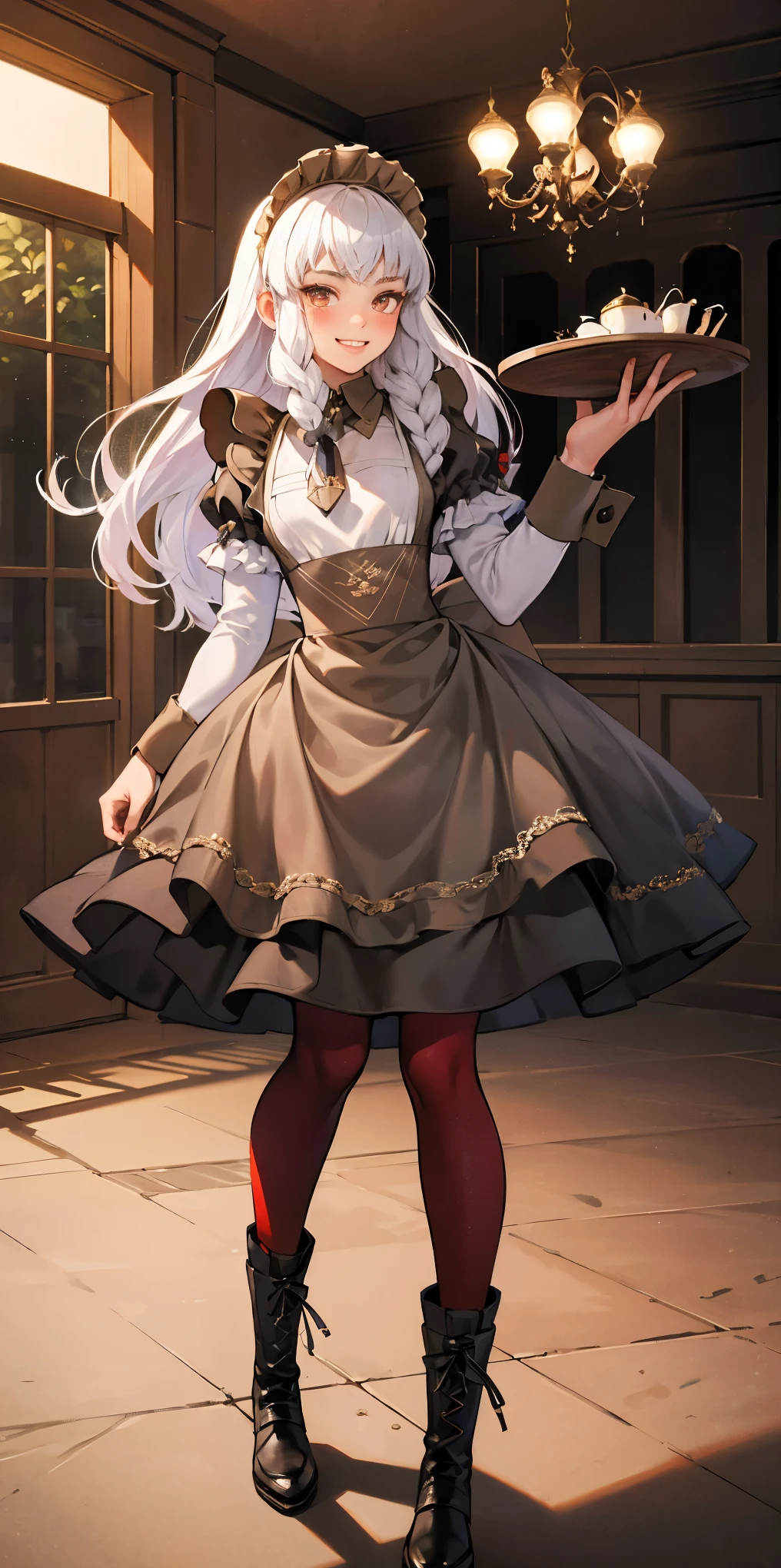 full body standing straight symmetrical, lustful smirking smile face red blush red cheeks, looking at viewer, holding tray, braid, maid headdress, maid, dress, apron, long sleeves, brown pantyhose, long leather militar boots, thighs, long white hair, masterpice