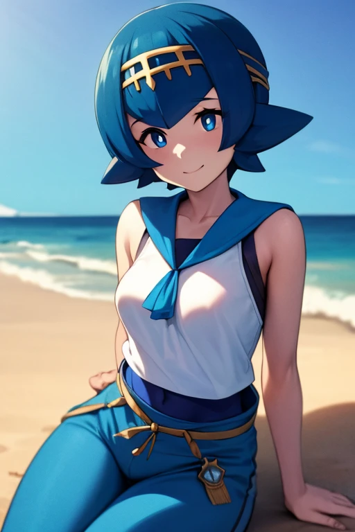 (Masterpiece, Ultra-high resolution, 8k, High Quality, Top quality, High-Detailed, Detailed CG, Cinematic Shadow:0.5, Beautiful Detailed Eyes, Ultra Resolution, Depth of Field, High Resolution, Masterpiece: 1.2), (Anime Art style), (cowboy shot), (beach), 1girl, solo, pkmnLana, white pupils, headband, blue sailor collar, sleeveless white shirt, swimsuit under clothes, blue pants, small breasts, beautiful breasts, smile, sitting,