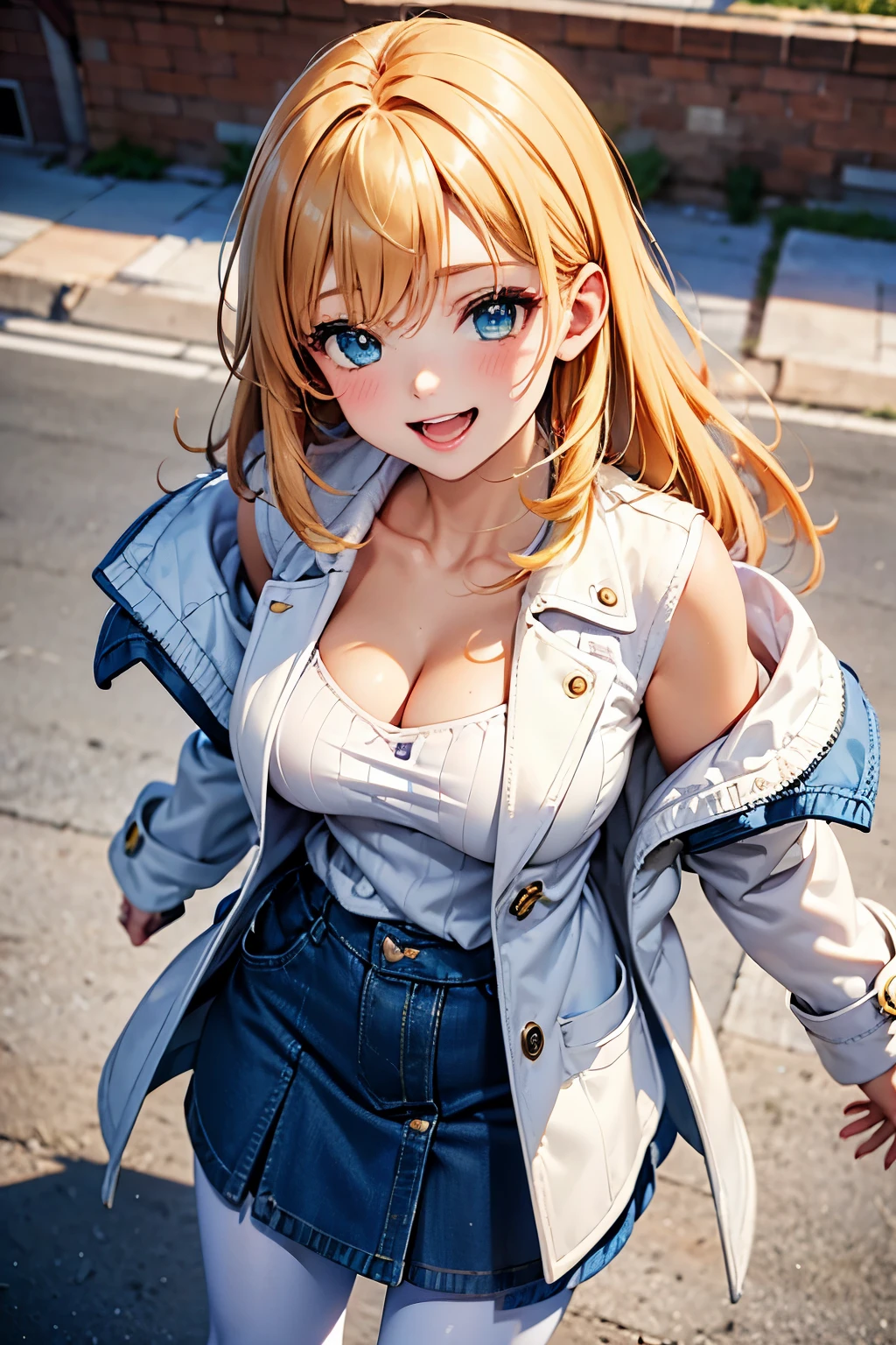 best quality, (masterpiece:1.3), absurdres, highres,16k, ultra high res, official art, illustration, extremely detailed, 1girl, solo, 20yo, 
(cowboy shot:1.5), (from above:1.5)
standing, happy smile, open mouth,
((far trim coat:1.3), (white coat:1.2), (light blue far:1.2)), cream ribbed sweater, denim skirt, pantyhose, cleavage cutout, 
autumn,