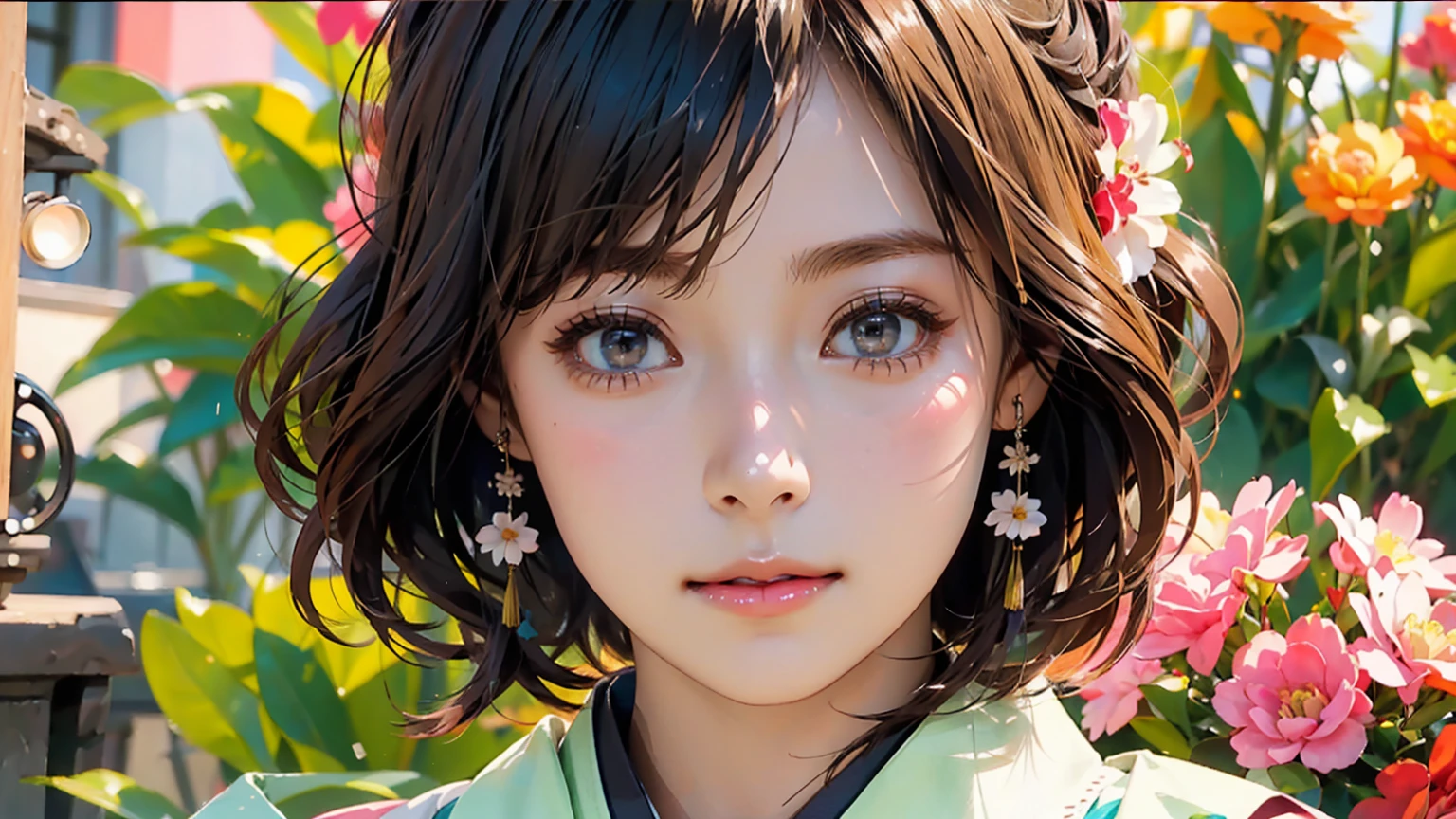 (highest quality、8k、32k、masterpiece)、(masterpiece,up to date,Exceptional:1.2), anime,One girl,Front hair,black_hair, Beautiful 8k eyes,Looking_in_Audience,One person in,Are standing,Natural Light, (Best Quality, highly detailed, Masterpiece:1.2), 16k, depth of field, 1girl, impeccably detailed face, cute, (beautiful and detailed eyes), (realistic detailed skin texture), (detailed hair),((Very beautiful woman, Fuller lips, Japanese pintern kimono))、((Colorful Japanese kimono)))、Blunt bung、(High resolution)、Very beautiful face and eyes、1 girl 、Round and small face、Narrow waist、delicine body、(highest quality high detail Rich skin details)、(highest quality、8k、Oil paints:1.2)、Very detailed、(Realistic、Realistic:1.37)、Bright colors、(((blackhair)))、(((Long Hair)))、(((fullbody shot)))、((((bokeh)),( Inside an old Japanese house with a (short focus lens:1.47),)))、(masterpiece, highest quality, highest quality, Official Art, beautifully、aesthetic:1.2), (One girl),(Fractal Art:1.3),colorful,Most detailed,Sengoku period,(High resolution)、Very beautiful face and eyes、Round and small face、Tight waist、Delicine body、(highest quality high detail Rich skin details)、(highest quality、8k、Oil paints:1.2)、(Realistic、Realistic:1.37)、Greg Rutkowski Written by Alphonse Mucha Ropp ,(focus lens:1.4),uchikake,nishijin ori,(realistic light and shadow), (real and delicate background),(muted colors, dim colors, soothing tones:1.3), low saturation, (hyperdetailed:1.2), (noir:0.4),drow,blurry_light_background,lens flare, (vibrant color:1.2), cinematic lighting, ambient lighting,Single Shot,Shallow Focus,pink lip,blurry light background,ethereal background, cinematic shot, ,Retro Art-style,Shot with medium format camera,break pastel,perfect light,cartoon,anime,graffiti,guweiz style,head to thigh portrait