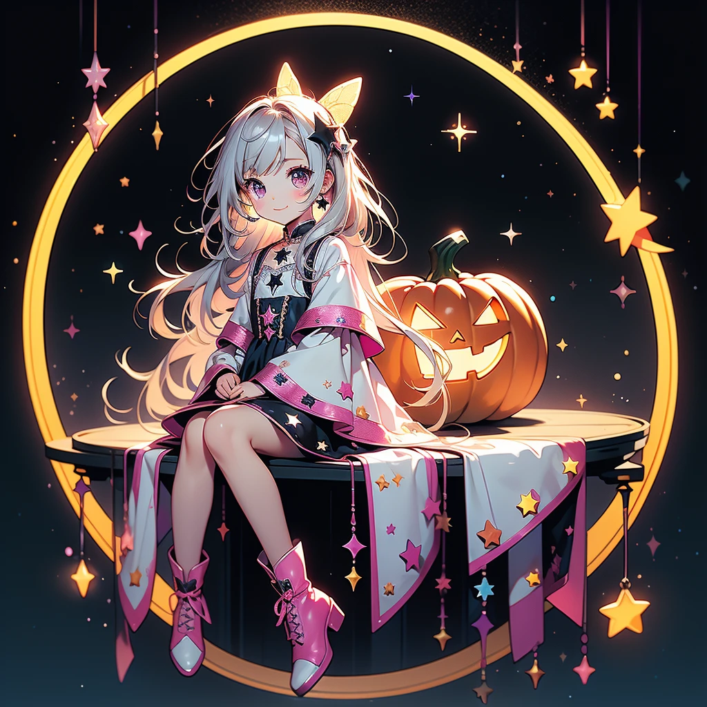 Chibi、cutestarの妖精、cute、（ beautiful eyes、Detailed eyes）、（ BEST DETAILS 、The best configuration、 perfect anatomy）、Full body front、Front、 facing the viewer、 one girl , best quality 、masterpiece、official art、Super detailed、 so beautiful、Pumpkin Fairy、Gray Hair、 straight long hair、milky way、Universe、star charm、star、baby face、 long boots for stepping on bread, magic circle、houndstooth、smile、Magenta Neon Light、Hope and expectation、 trick or treat、 Halloween 、🎃、 Halloween の衣装、orange and white goth costume、star、流star群、universe、 neon light enhances cuteness、dynamic、I'm sitting on a magic cane、sitting on the crescent moon、pink neon light border、