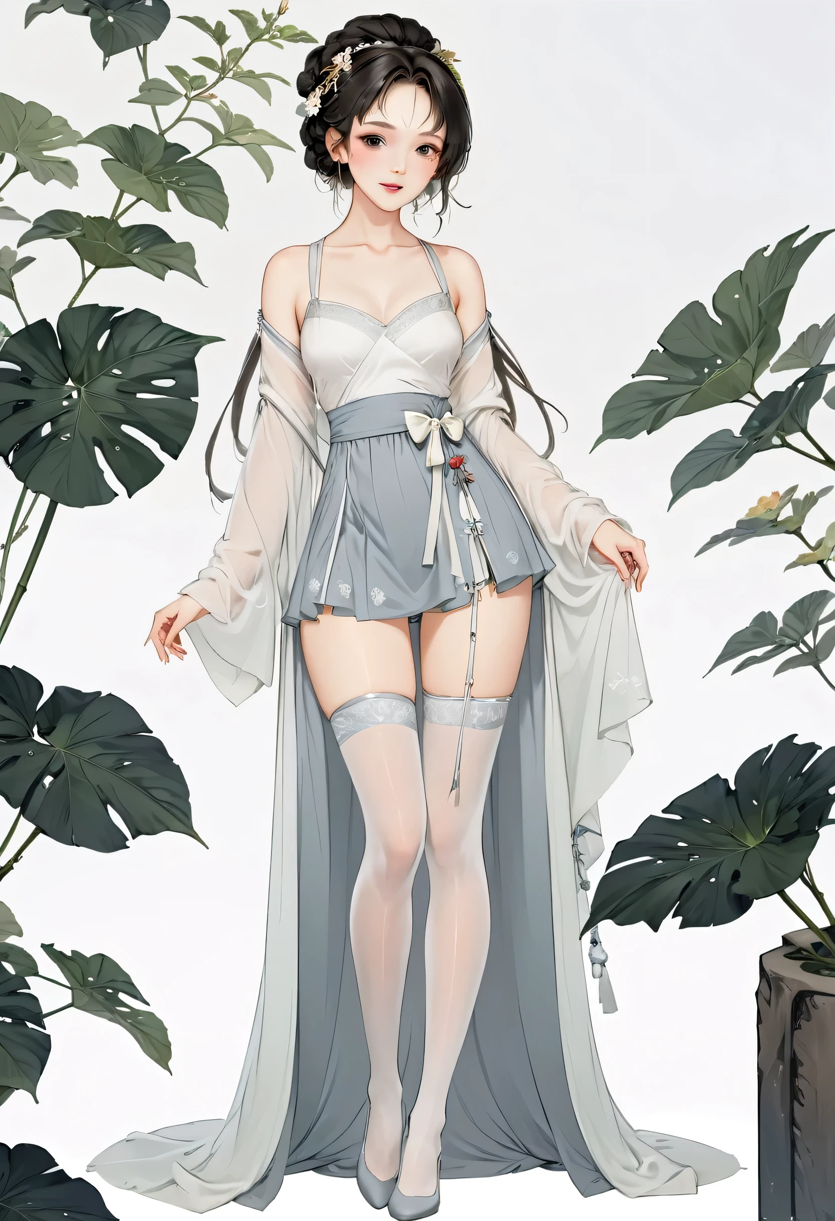 8k, masterpiece, best quality, 2D, ( Traditional Chinese Ink Painting :0.2),Wearing Hanfu, grey pantyhose, The grey pantyhose on the legs are exposed,Long Legs, Seductive Postures, Sexy pose, Very beautiful slender legs , Juicy legs, Wear a Short skirt, Long, thin legs , Beautiful legs, Cute and elegant pose, sexy look, Very beautiful slender legs,pale milky white porcelain skin, good hips and Long Legs,Breast fullness,young body, Expose thighs