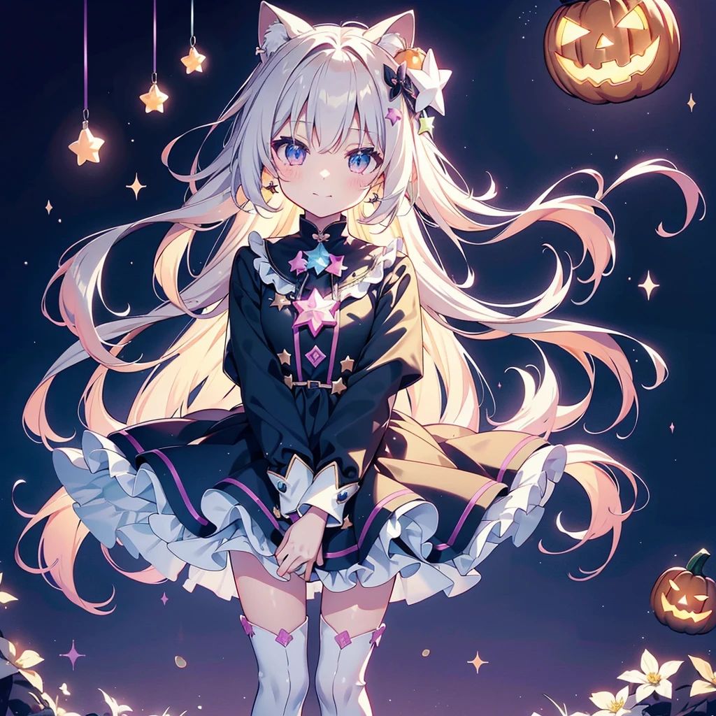 Chibi、cutestarの妖精、cute、（ beautiful eyes、Detailed eyes）、（ BEST DETAILS 、The best configuration、 perfect anatomy）、Full body front、Front、 facing the viewer、 one girl , best quality 、masterpiece、official art、Super detailed、 so beautiful、Pumpkin Fairy、Gray Hair、 straight long hair、milky way、Universe、star charm、star、baby face、 long boots for stepping on bread, magic circle、houndstooth、smile、Magenta Neon Light、Hope and expectation、 trick or treat、 Halloween 、🎃、 Halloween の衣装、orange and white goth costume、star、流star群、universe、 neon light enhances cuteness、dynamic、I'm sitting on a magic cane、sitting on the crescent moon、pink neon light border、