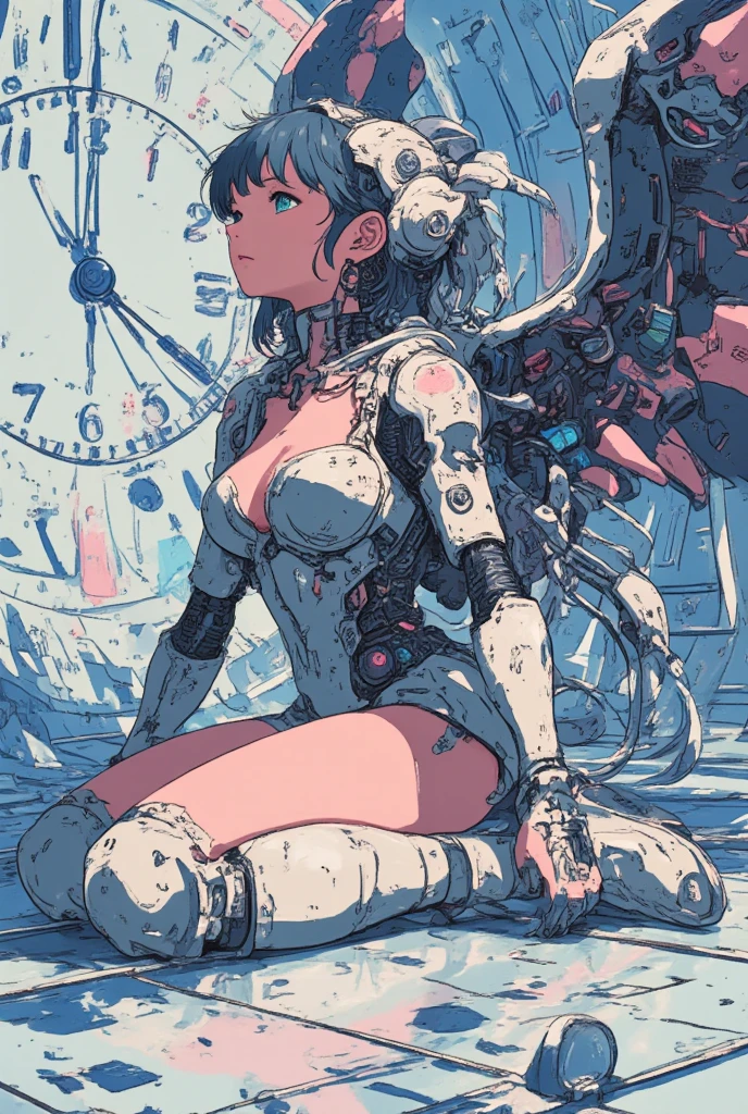 (masterpiece:1.2,Exceptional Quality,Mirror-like,Cinematic Experience),A futuristic,cyberpunk-style artwork of a kneeling female cyborg with mecha devil wings on back,(she is surrounded by a swirl of time and number text:2.5),(Detailed time data plotting:2.0),(Cool eye-catcher with 3D animation:2.0),(time travel images:2.0),connected to multiple wires and cables. She has a sleek metallic body with chrome-**** armor,featuring intricate mechanical parts on her arms,legs,and torso. Her helmet is attached to a series of cables leading to an external source,giving the impression of a high-tech data or power interface. Her face retains a human-**** appearance,with short dark hair and green eyes gazing upwards,blending organic and technological elements. The overall style is polished,detailed,and highly futuristic,capturing the essence of cybernetic augmentation and human-machine integration.",