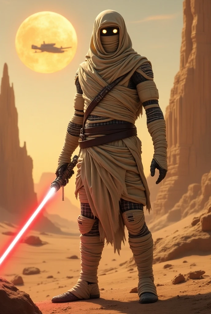 A mummy in the Star Wars universe, featuring ancient bandages and glowing eyes, set against a sci-fi desert landscape with futuristic ruins. The scene is illuminated by two suns in the sky, and a distant spaceship can be seen in the background. The mummy is posed in a threatening stance, ready for battle, with a lightsaber in one hand."