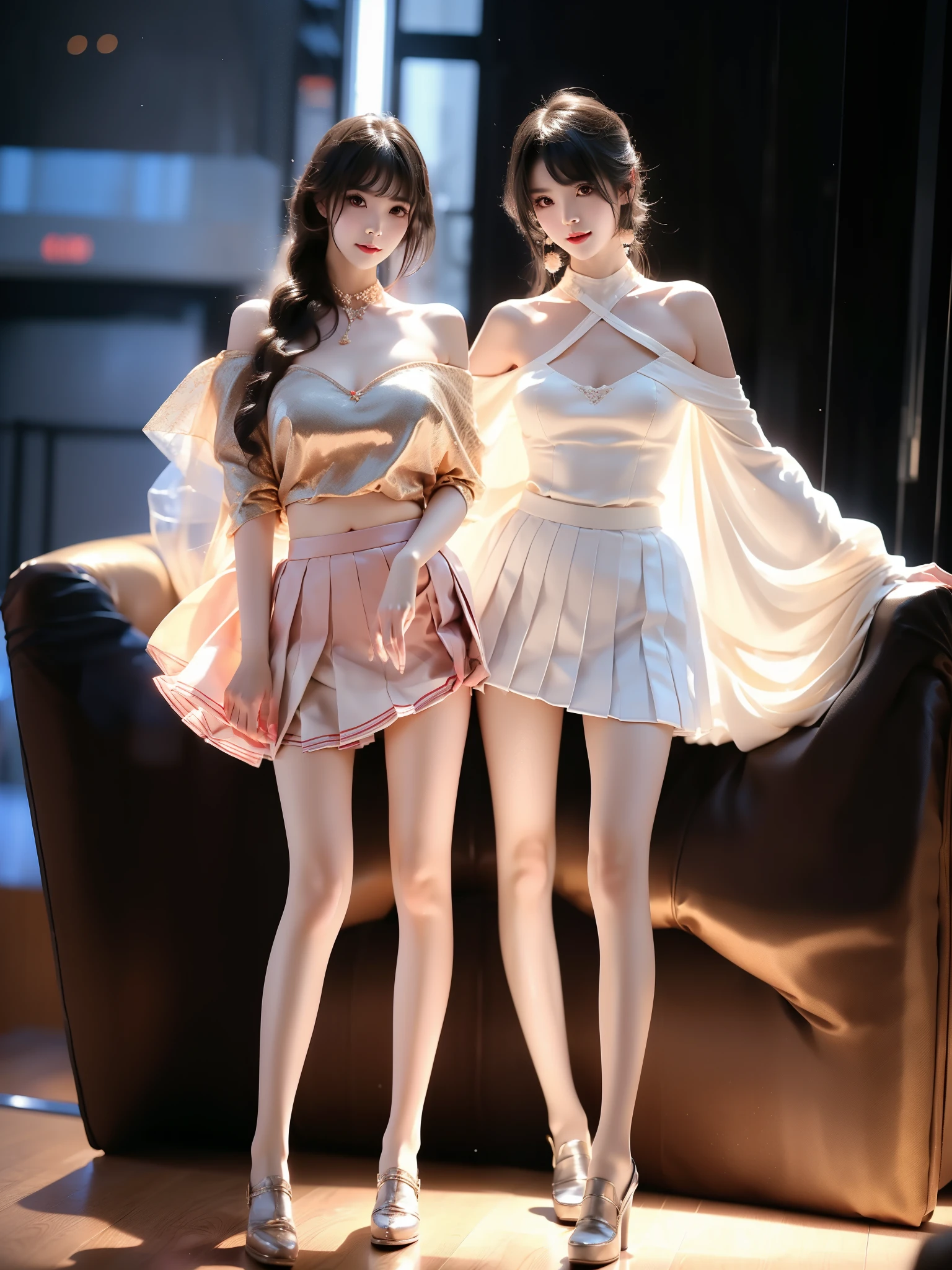 tokisaki kurumi, jkxf, ,((full body)), ((single bare shoulder)), (Asian beauty: 1.3), girl, solo, (Lace over-the-knee stockings), ((Pleated skirts, short skirts, , very short hemline)), (toned body: 1.2), (naturally large breasts: 1.1), (visible cleavage: 0.8), (smooth flawless skin: 1.2), (perfect anatomical proportions: 1.3), (anatomically correct legs: 1.3), (elegantly long legs: 1.3), 1.1) Hands gently lift the skirt, (detailed features: 1.2), (big bright eyes: 1.1), (long eyelashes: 1.1), charming smile, gentle and confident expression, Head slightly tilted, long flowing hair, (night scene: 1.1), (starry sky: 1.0), (space background: 0.9), (professional soft light: 1.2), (warm tone: 1.1), (Masterpiece: 1.4), (Super Detail: 1.3), (Sharp focus: 1.2), (Realistic: 1.2), (Hi-Fi: 1.1)