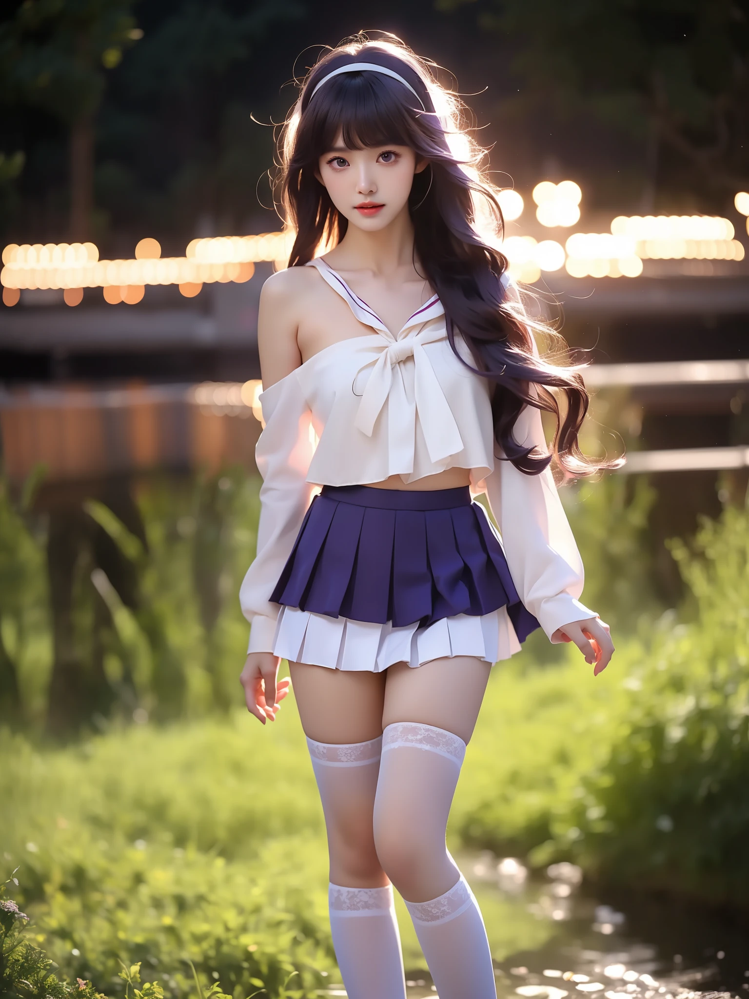 daidouji tomoyo, tomoeda elementary school uniform, 1girl, solo, cosplay,
hairband, sailor collar, serafuku, long sleeves, neckerchief, pleated skirt, bobby socks,mary janes,
purple eyes, purple hair, long hair, bangs, ,((full body)), ((single bare shoulder)), (Asian beauty: 1.3), girl, solo, (Lace over-the-knee stockings), ((Pleated skirts, short skirts, , very short hemline)), (toned body: 1.2), (naturally large breasts: 1.1), (visible cleavage: 0.8), (smooth flawless skin: 1.2), (perfect anatomical proportions: 1.3), (anatomically correct legs: 1.3), (elegantly long legs: 1.3), 1.1) Hands gently lift the skirt, (detailed features: 1.2), (big bright eyes: 1.1), (long eyelashes: 1.1), charming smile, gentle and confident expression, Head slightly tilted, long flowing hair, (night scene: 1.1), (starry sky: 1.0), (space background: 0.9), (professional soft light: 1.2), (warm tone: 1.1), (Masterpiece: 1.4), (Super Detail: 1.3), (Sharp focus: 1.2), (Realistic: 1.2), (Hi-Fi: 1.1)