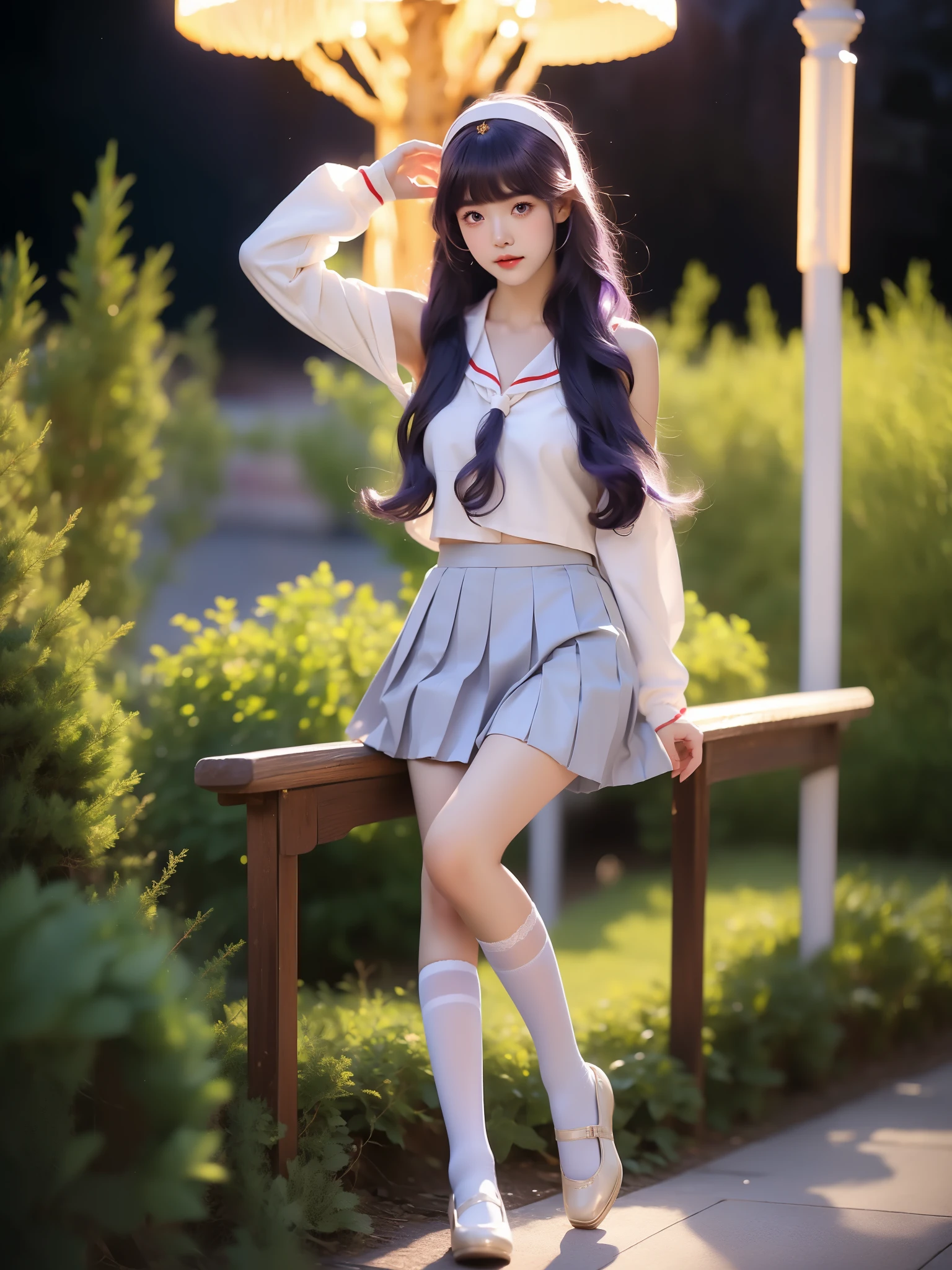 daidouji tomoyo, tomoeda  uniform, 1girl, solo, cosplay,
hairband, sailor collar, serafuku, long sleeves, neckerchief, pleated skirt, bobby socks,mary janes,
purple eyes, purple hair, long hair, bangs, ,((full body)), ((single bare shoulder)), (Asian beauty: 1.3), girl, solo, (Lace over-the-knee stockings), ((Pleated skirts, short skirts, , very short hemline)), (toned body: 1.2), (naturally large breasts: 1.1), (visible cleavage: 0.8), (smooth flawless skin: 1.2), (perfect anatomical proportions: 1.3), (anatomically correct legs: 1.3), (elegantly long legs: 1.3), 1.1) Hands gently lift the skirt, (detailed features: 1.2), (big bright eyes: 1.1), (long eyelashes: 1.1), charming smile, gentle and confident expression, Head slightly tilted, long flowing hair, (night scene: 1.1), (starry sky: 1.0), (space background: 0.9), (professional soft light: 1.2), (warm tone: 1.1), (Masterpiece: 1.4), (Super Detail: 1.3), (Sharp focus: 1.2), (Realistic: 1.2), (Hi-Fi: 1.1)