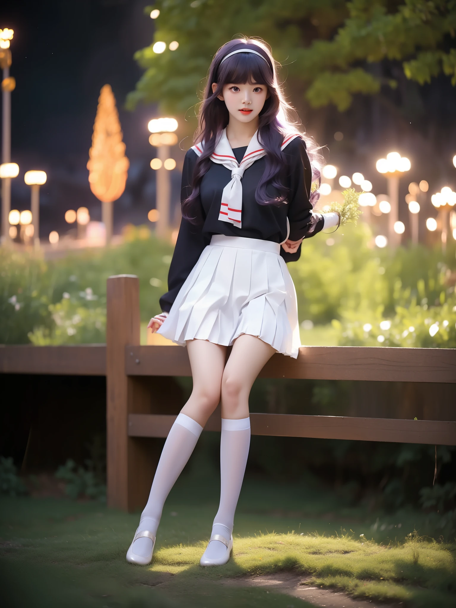 daidouji tomoyo, tomoeda elementary school uniform, 1girl, solo, cosplay,
hairband, sailor collar, serafuku, long sleeves, neckerchief, pleated skirt, bobby socks,mary janes,
purple eyes, purple hair, long hair, bangs, ,((full body)),  (Asian beauty: 1.3), girl, solo, (Lace over-the-knee stockings), ((Pleated skirts, short skirts, , very short hemline)), (toned body: 1.2), (naturally large breasts: 1.1), (visible cleavage: 0.8), (smooth flawless skin: 1.2), (perfect anatomical proportions: 1.3), (anatomically correct legs: 1.3), (elegantly long legs: 1.3), 1.1) Hands gently lift the skirt, (detailed features: 1.2), (big bright eyes: 1.1), (long eyelashes: 1.1), charming smile, gentle and confident expression, Head slightly tilted, long flowing hair, (night scene: 1.1), (starry sky: 1.0), (space background: 0.9), (professional soft light: 1.2), (warm tone: 1.1), (Masterpiece: 1.4), (Super Detail: 1.3), (Sharp focus: 1.2), (Realistic: 1.2), (Hi-Fi: 1.1)