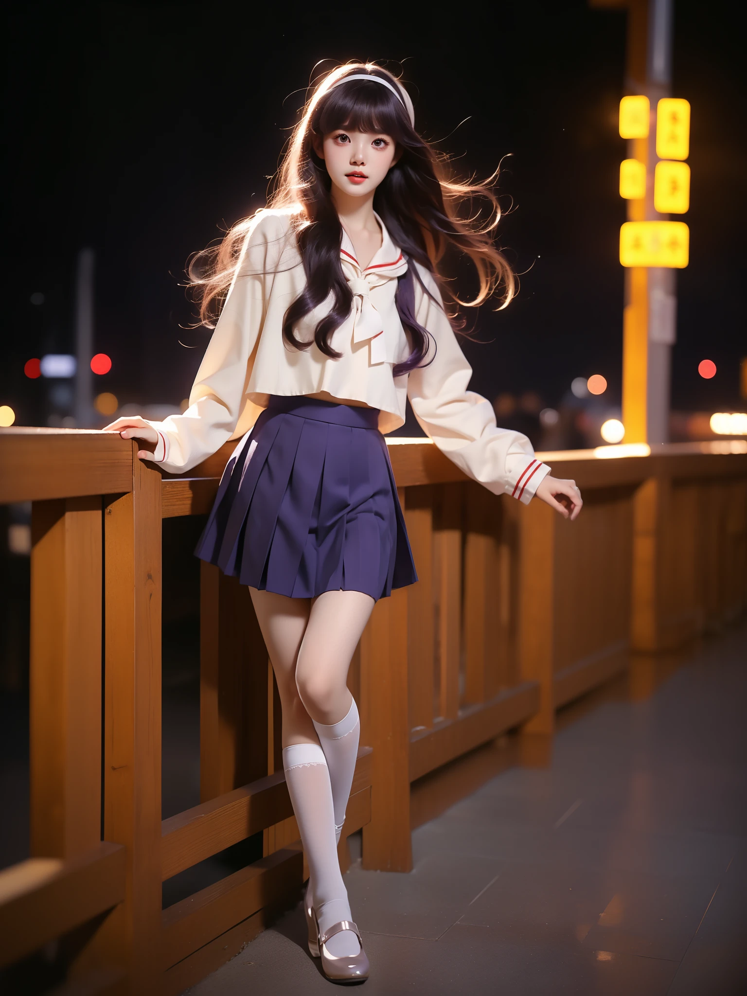 daidouji tomoyo, tomoeda elementary school uniform, 1girl, solo, cosplay,
hairband, sailor collar, serafuku, long sleeves, neckerchief, pleated skirt, bobby socks,mary janes,
purple eyes, purple hair, long hair, bangs, ,((full body)),  (Asian beauty: 1.3), girl, solo, (Lace over-the-knee stockings), ((Pleated skirts, short skirts, , very short hemline)), (toned body: 1.2), (naturally large breasts: 1.1), (visible cleavage: 0.8), (smooth flawless skin: 1.2), (perfect anatomical proportions: 1.3), (anatomically correct legs: 1.3), (elegantly long legs: 1.3), 1.1) Hands gently lift the skirt, (detailed features: 1.2), (big bright eyes: 1.1), (long eyelashes: 1.1), charming smile, gentle and confident expression, Head slightly tilted, long flowing hair, (night scene: 1.1), (starry sky: 1.0), (space background: 0.9), (professional soft light: 1.2), (warm tone: 1.1), (Masterpiece: 1.4), (Super Detail: 1.3), (Sharp focus: 1.2), (Realistic: 1.2), (Hi-Fi: 1.1)